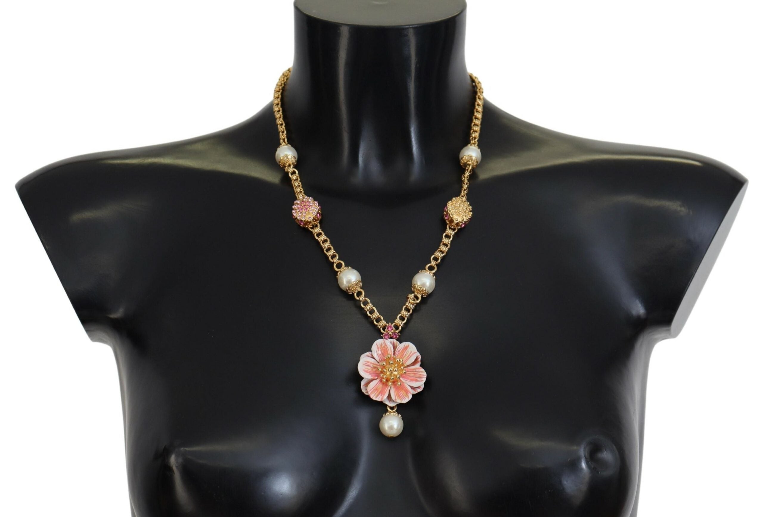 Dolce & Gabbana Gold Tone Floral Crystals Pink Embellished Necklace - Luxe Nova