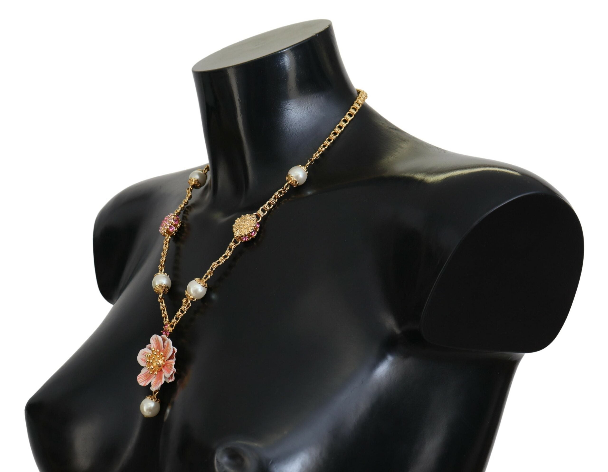 Dolce & Gabbana Gold Tone Floral Crystals Pink Embellished Necklace - Luxe Nova