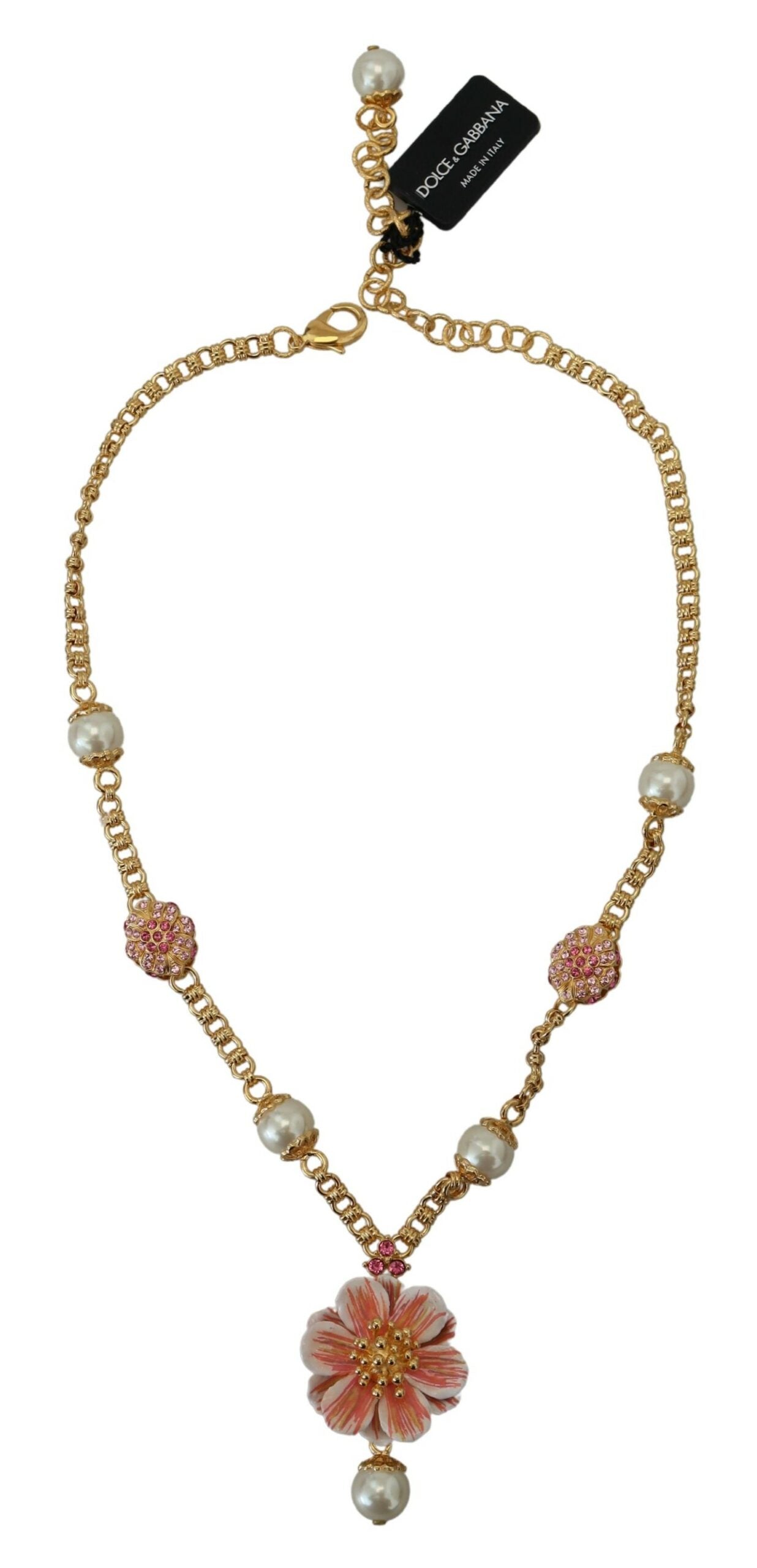 Dolce & Gabbana Gold Tone Floral Crystals Pink Embellished Necklace - Luxe Nova