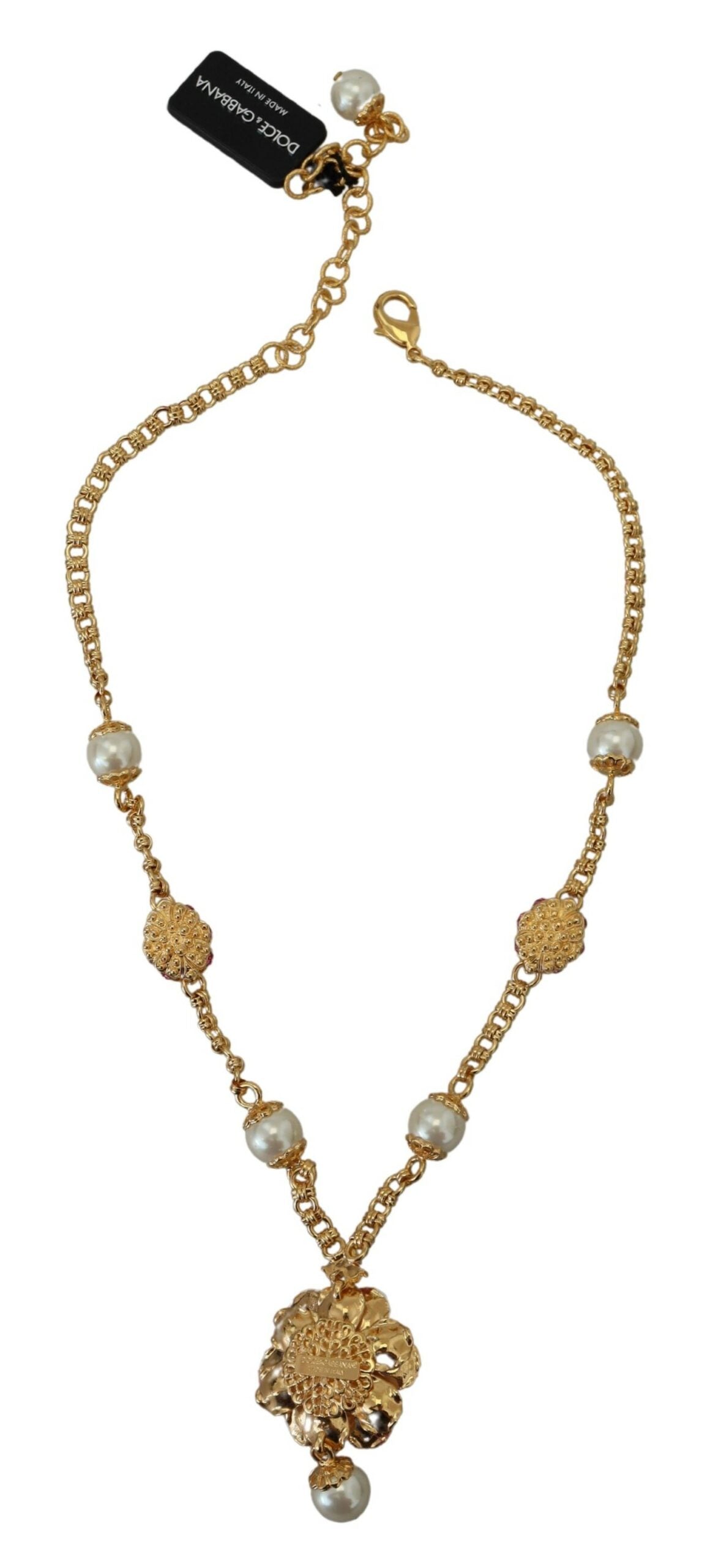Dolce & Gabbana Gold Tone Floral Crystals Pink Embellished Necklace - Luxe Nova