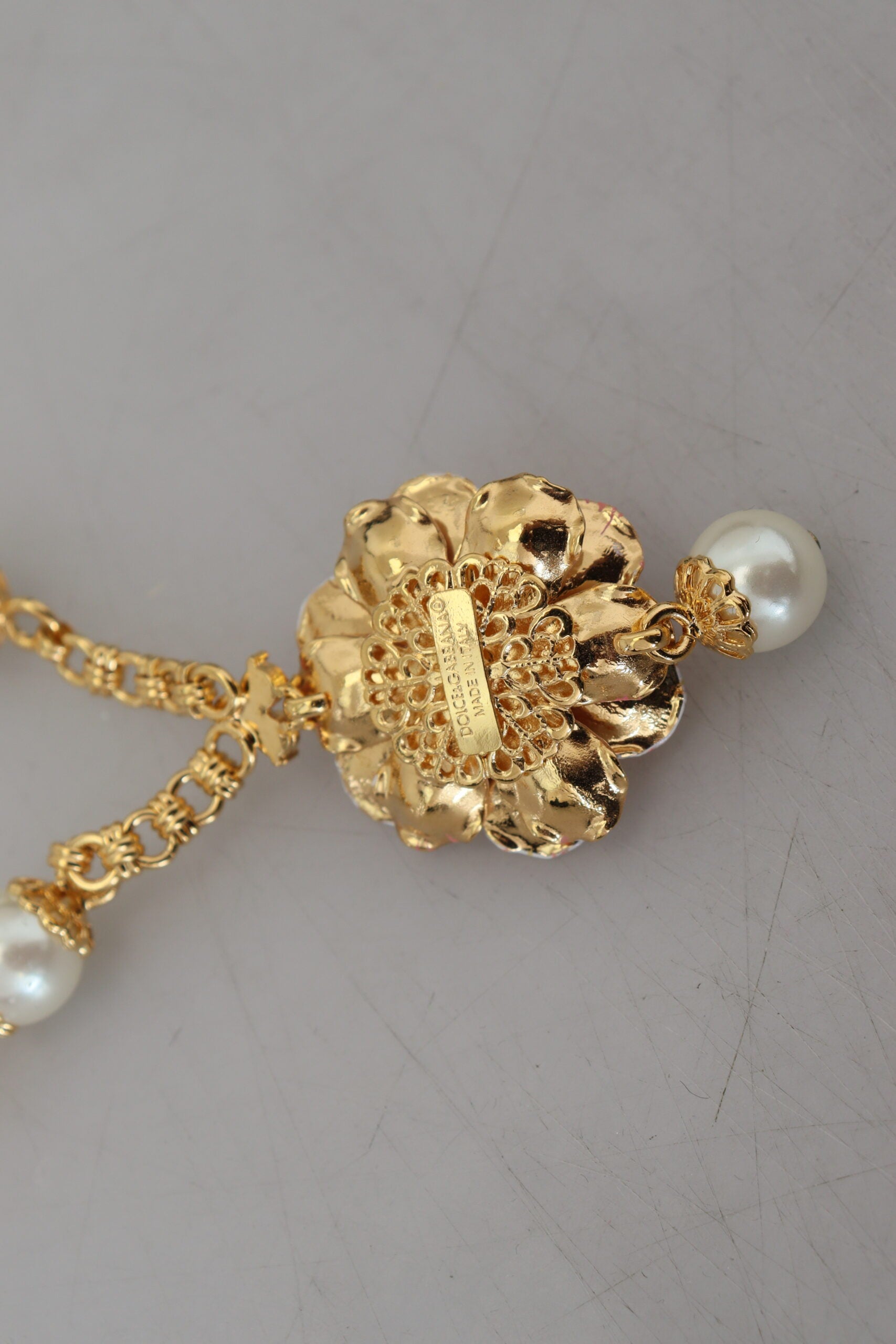 Dolce & Gabbana Gold Tone Floral Crystals Pink Embellished Necklace - Luxe Nova
