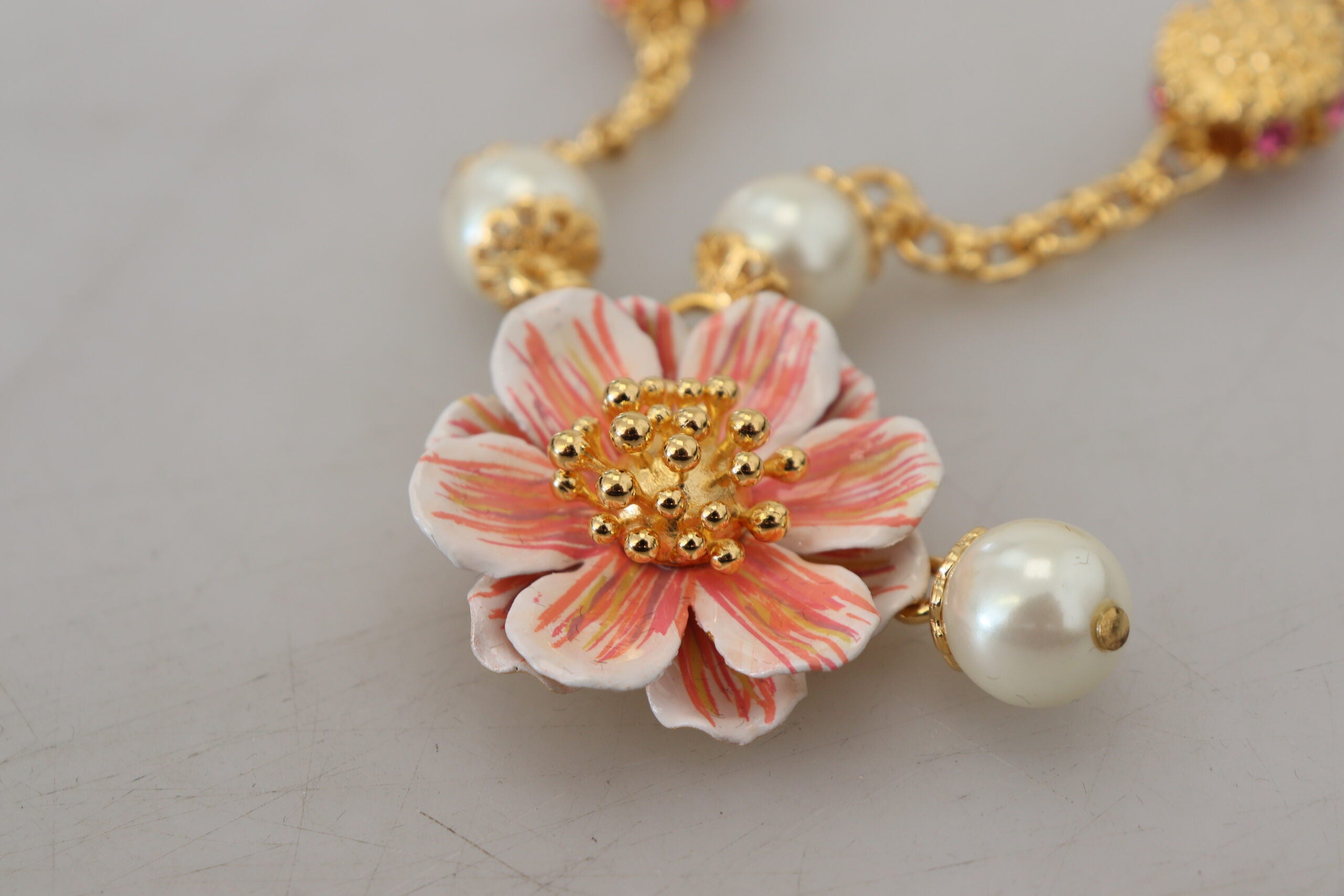 Dolce & Gabbana Gold Tone Floral Crystals Pink Embellished Necklace - Luxe Nova