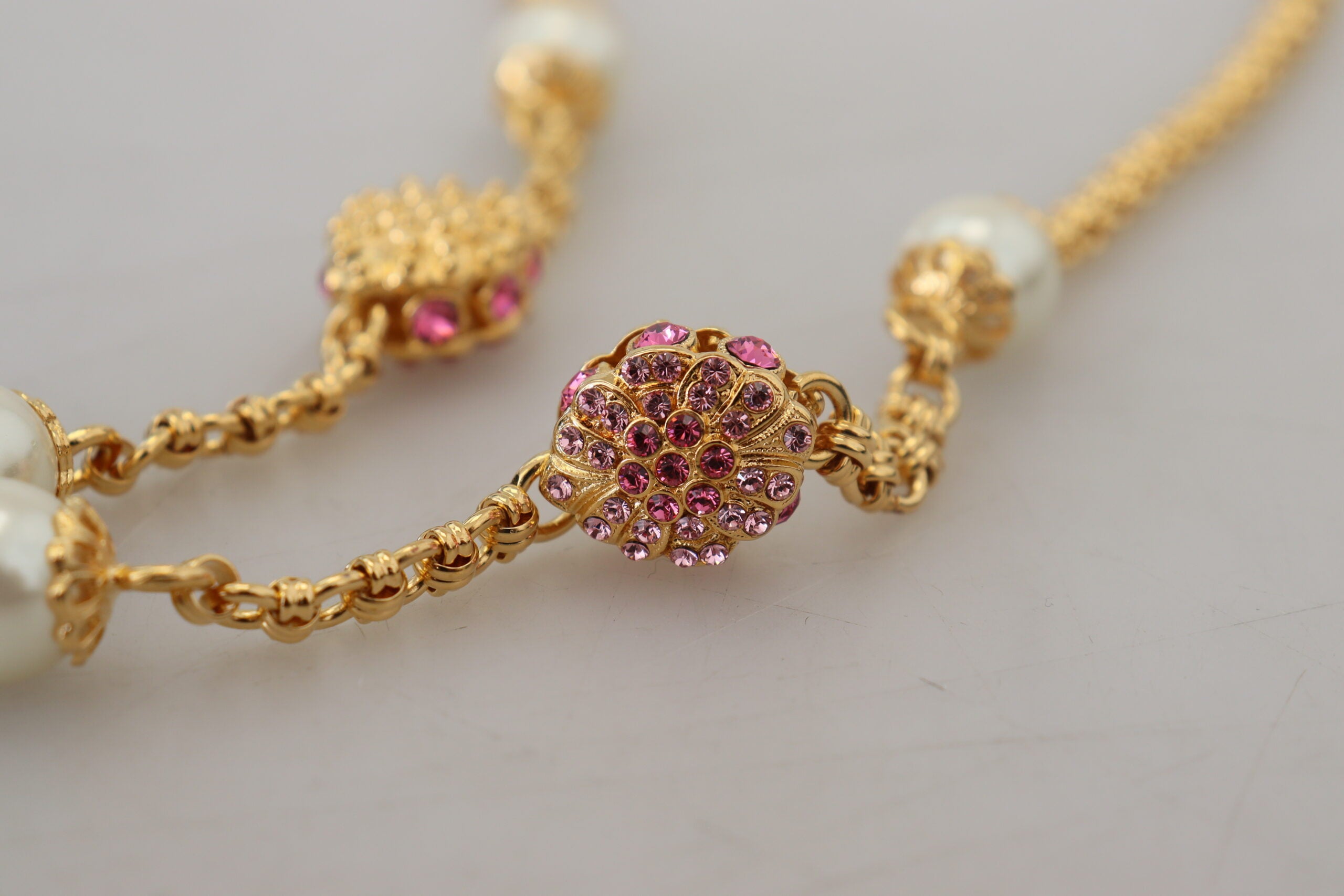 Dolce & Gabbana Gold Tone Floral Crystals Pink Embellished Necklace - Luxe Nova