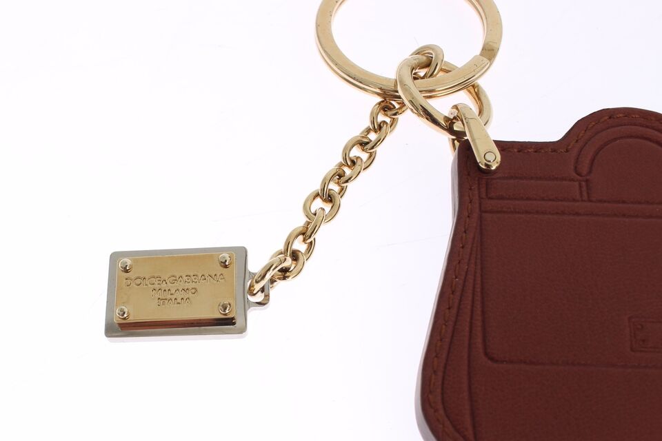 Dolce & Gabbana Brown Leather Miss SICILY Gold Finder Chain Keychain - Luxe Nova