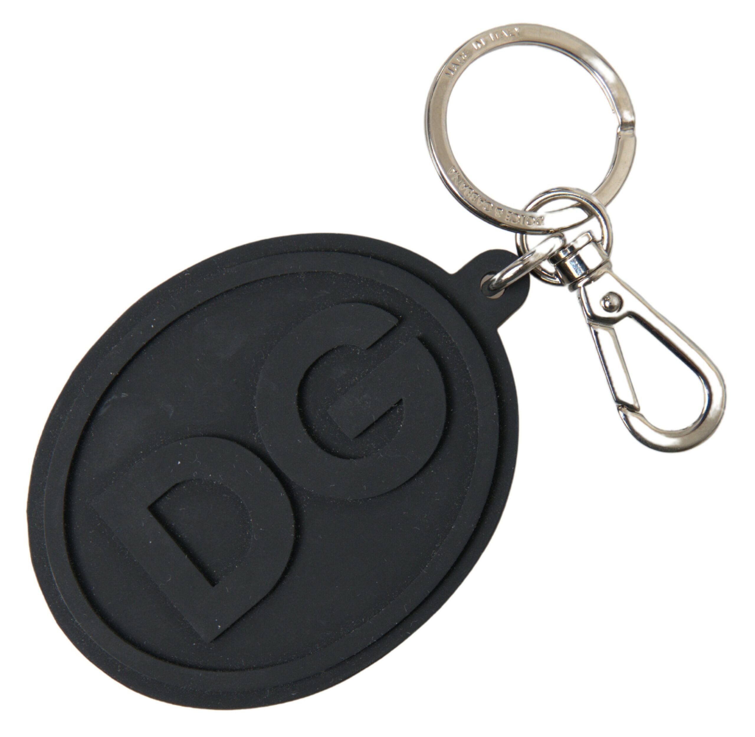 Dolce & Gabbana Black Rubber DG Logo Silver Brass Metal Keychain - Luxe Nova
