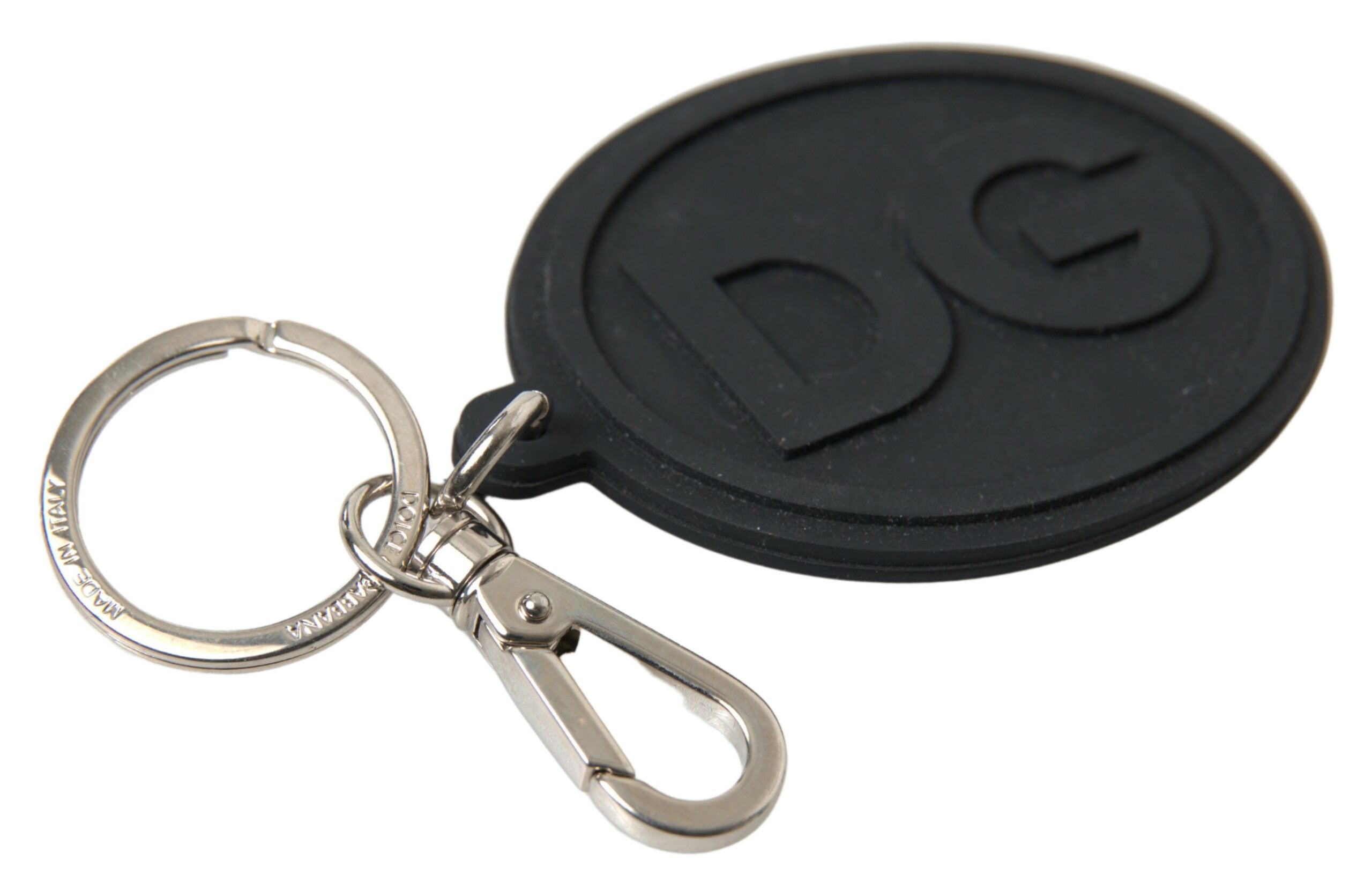 Dolce & Gabbana Black Rubber DG Logo Silver Brass Metal Keychain - Luxe Nova