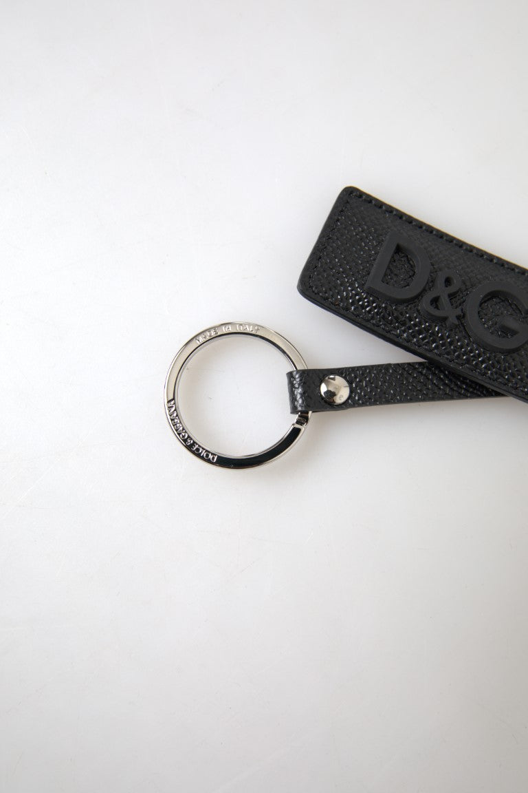 Dolce & Gabbana Black DG Logo Leather Silver Metal Keychain - Luxe Nova