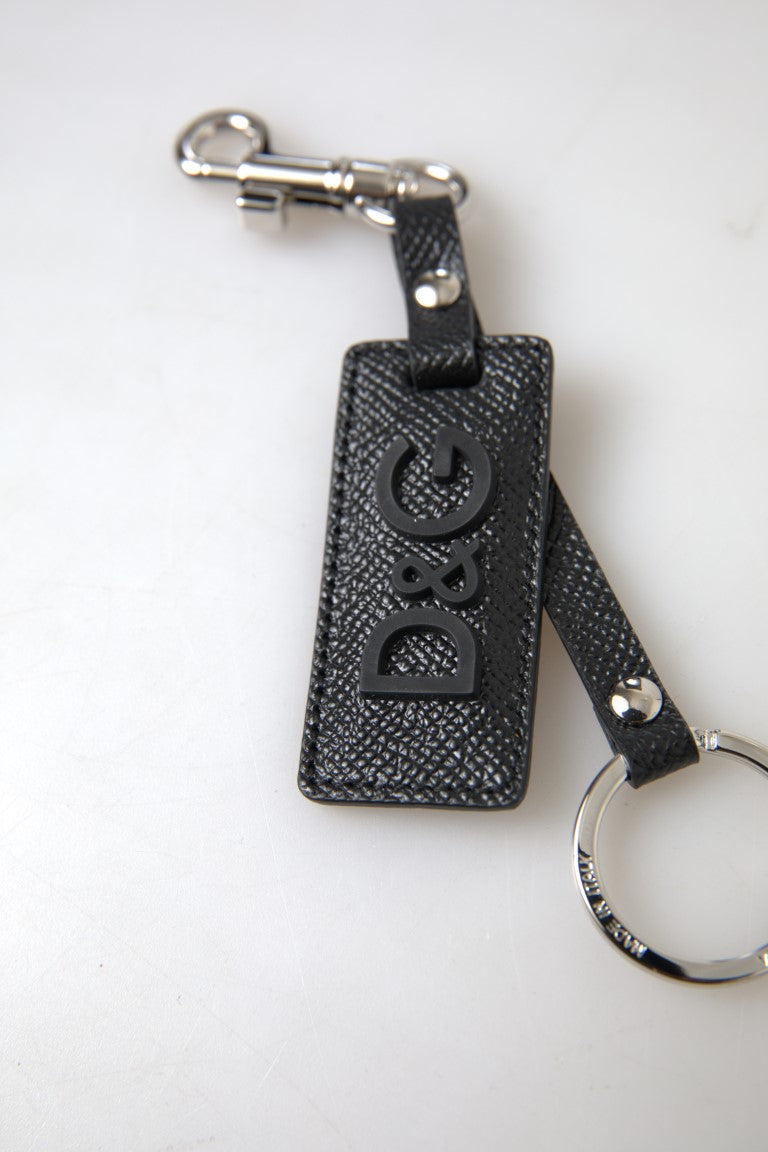 Dolce & Gabbana Black DG Logo Leather Silver Metal Keychain - Luxe Nova