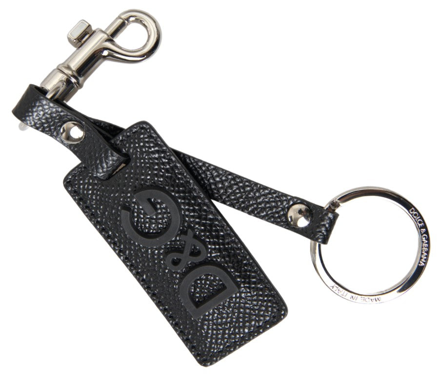 Dolce & Gabbana Black DG Logo Leather Silver Metal Keychain - Luxe Nova