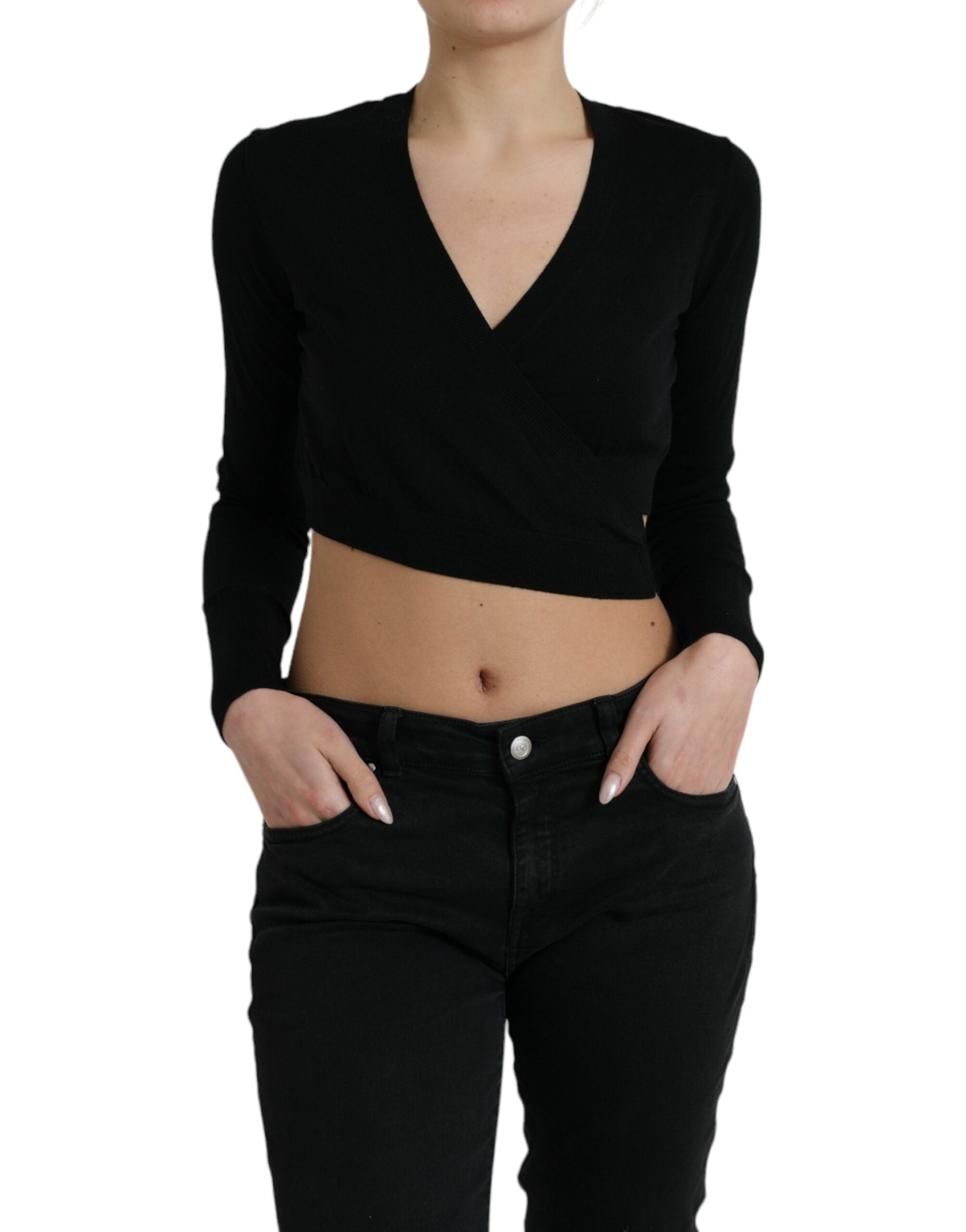 Dolce & Gabbana Black Wool V-neck Crossed Cardigan Sweater - Luxe Nova