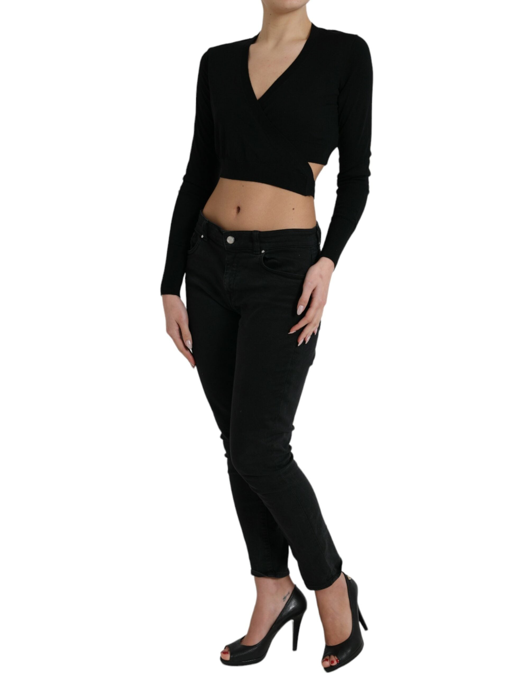 Dolce & Gabbana Black Wool V-neck Crossed Cardigan Sweater - Luxe Nova