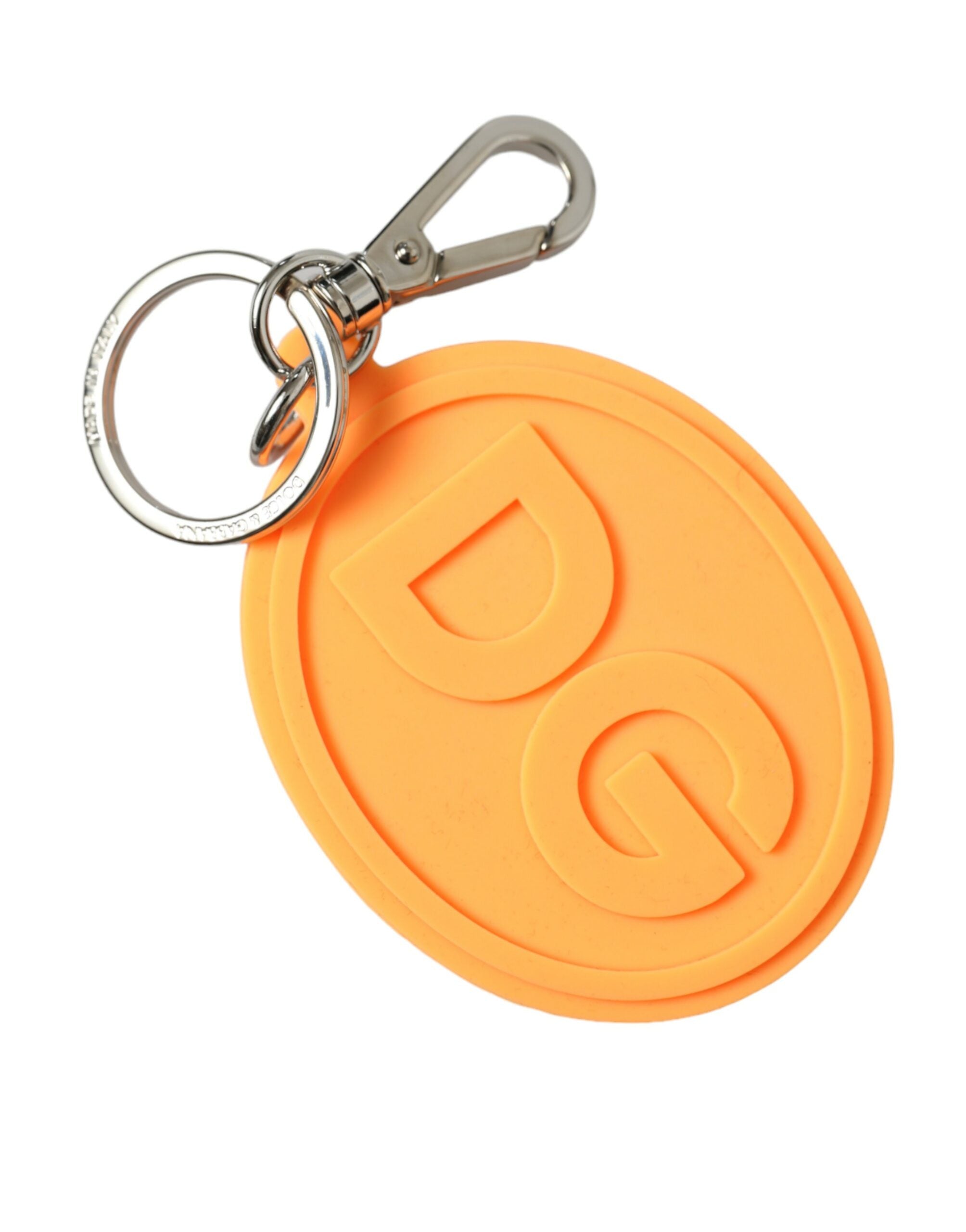 Dolce & Gabbana Orange Rubber DG Logo Silver Brass Metal Keyring Keychain - Luxe Nova
