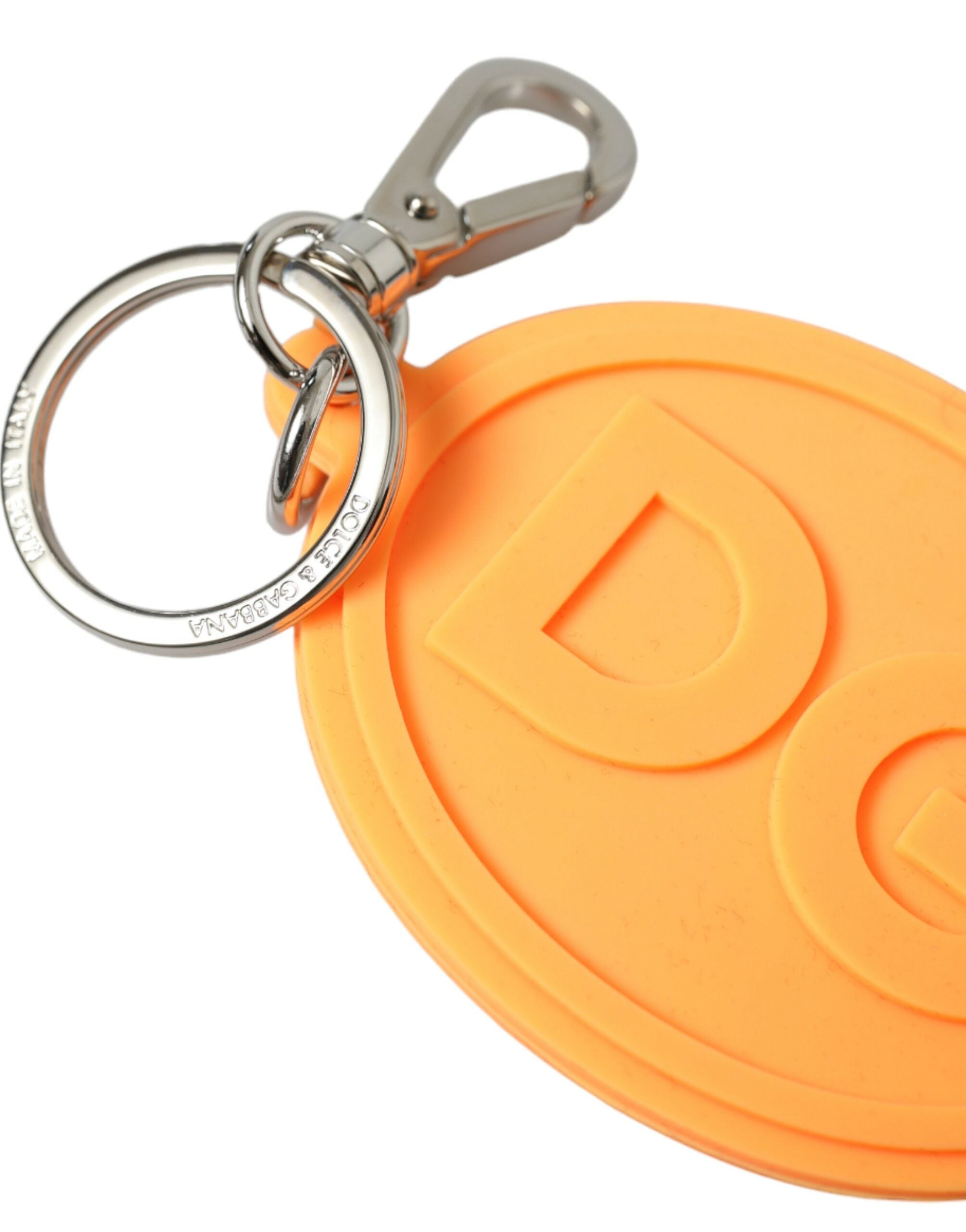 Dolce & Gabbana Orange Rubber DG Logo Silver Brass Metal Keyring Keychain - Luxe Nova