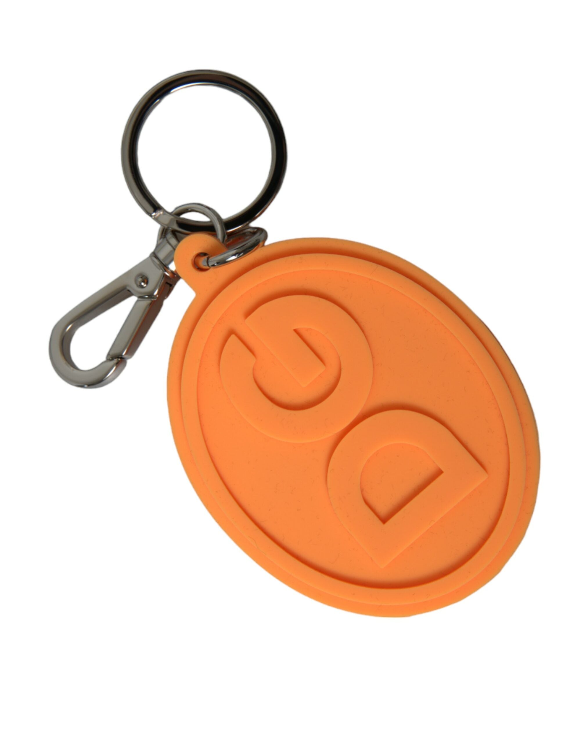 Dolce & Gabbana Orange Rubber DG Logo Silver Brass Metal Keyring Keychain - Luxe Nova