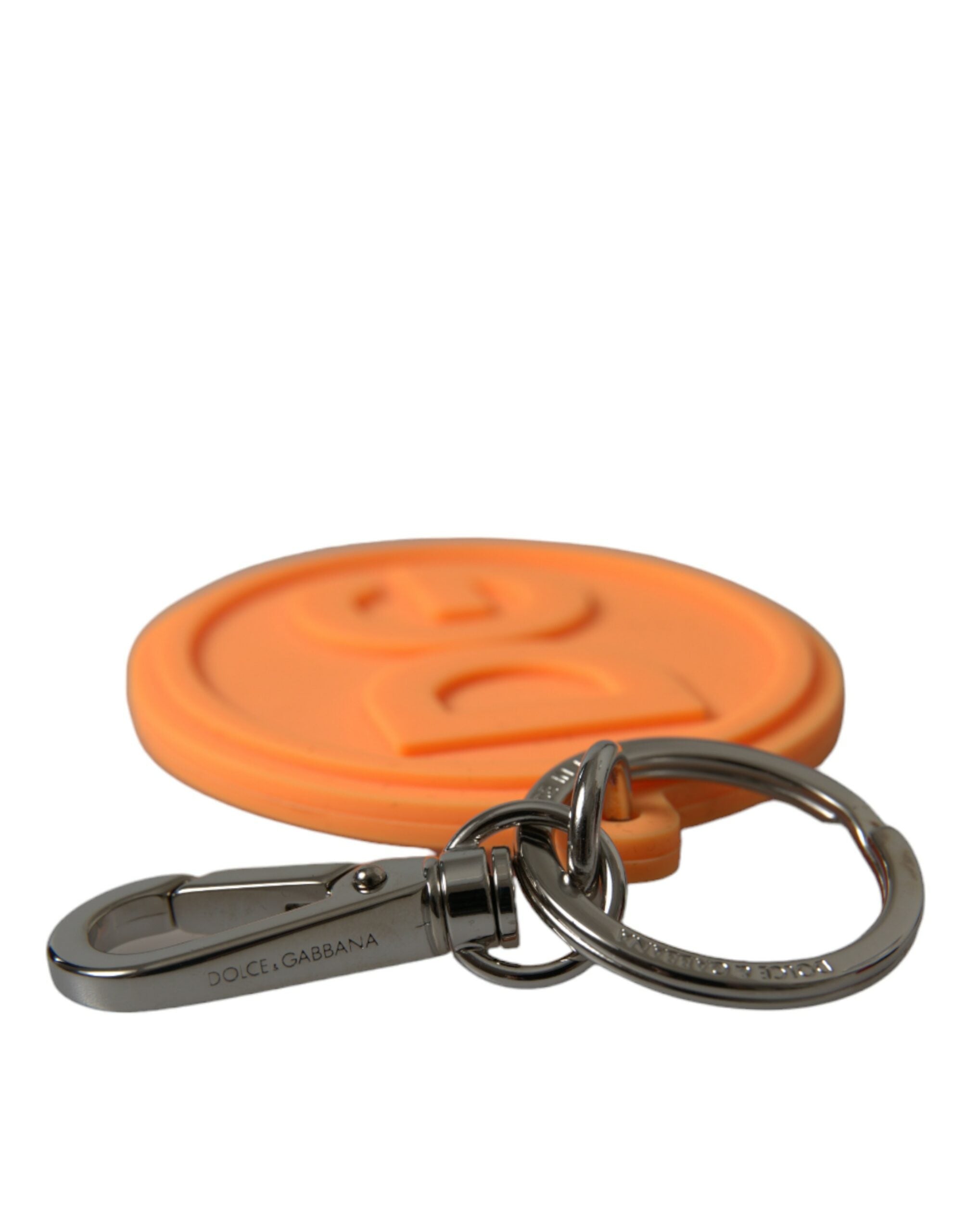 Dolce & Gabbana Orange Rubber DG Logo Silver Brass Metal Keyring Keychain - Luxe Nova