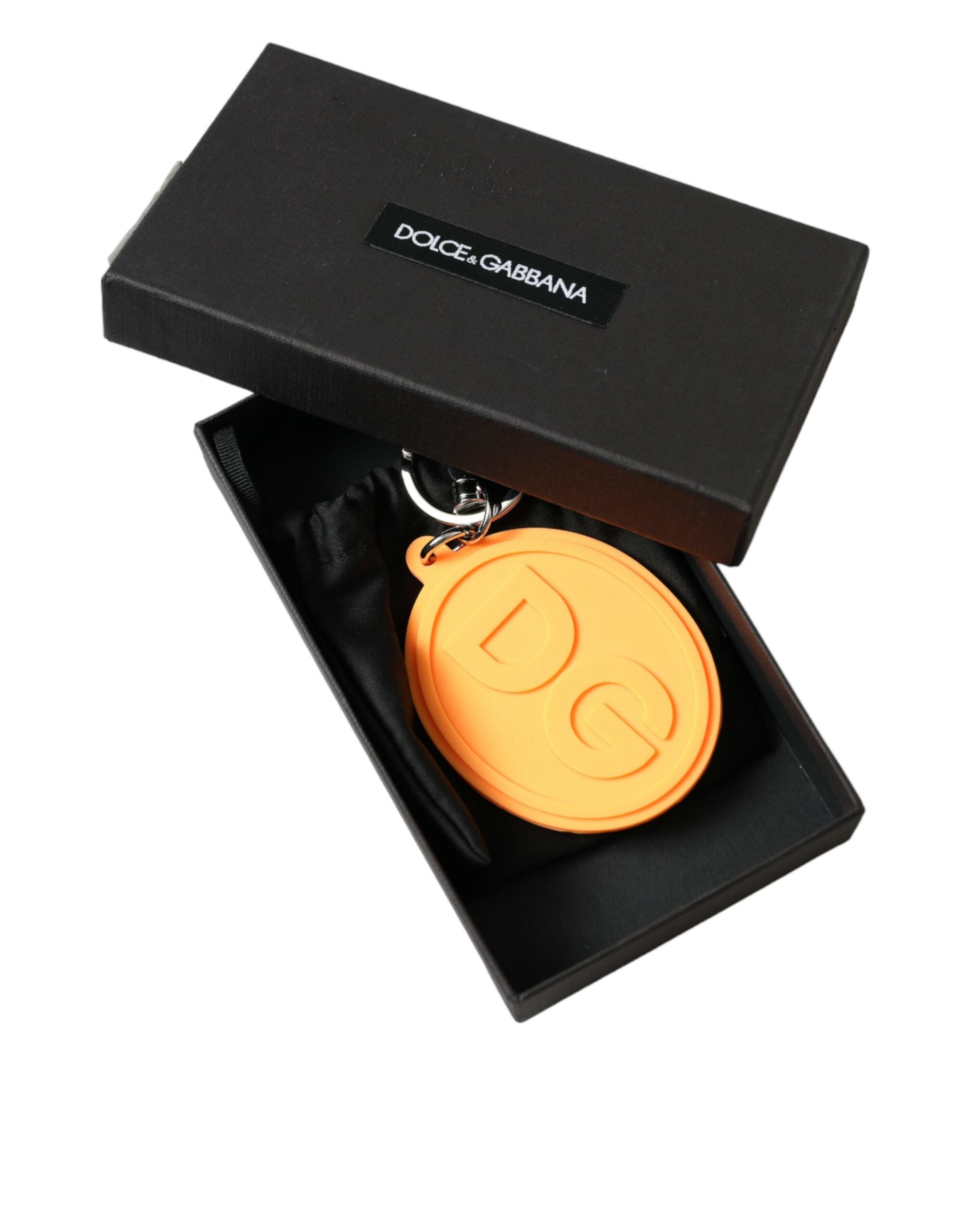 Dolce & Gabbana Orange Rubber DG Logo Silver Brass Metal Keyring Keychain - Luxe Nova