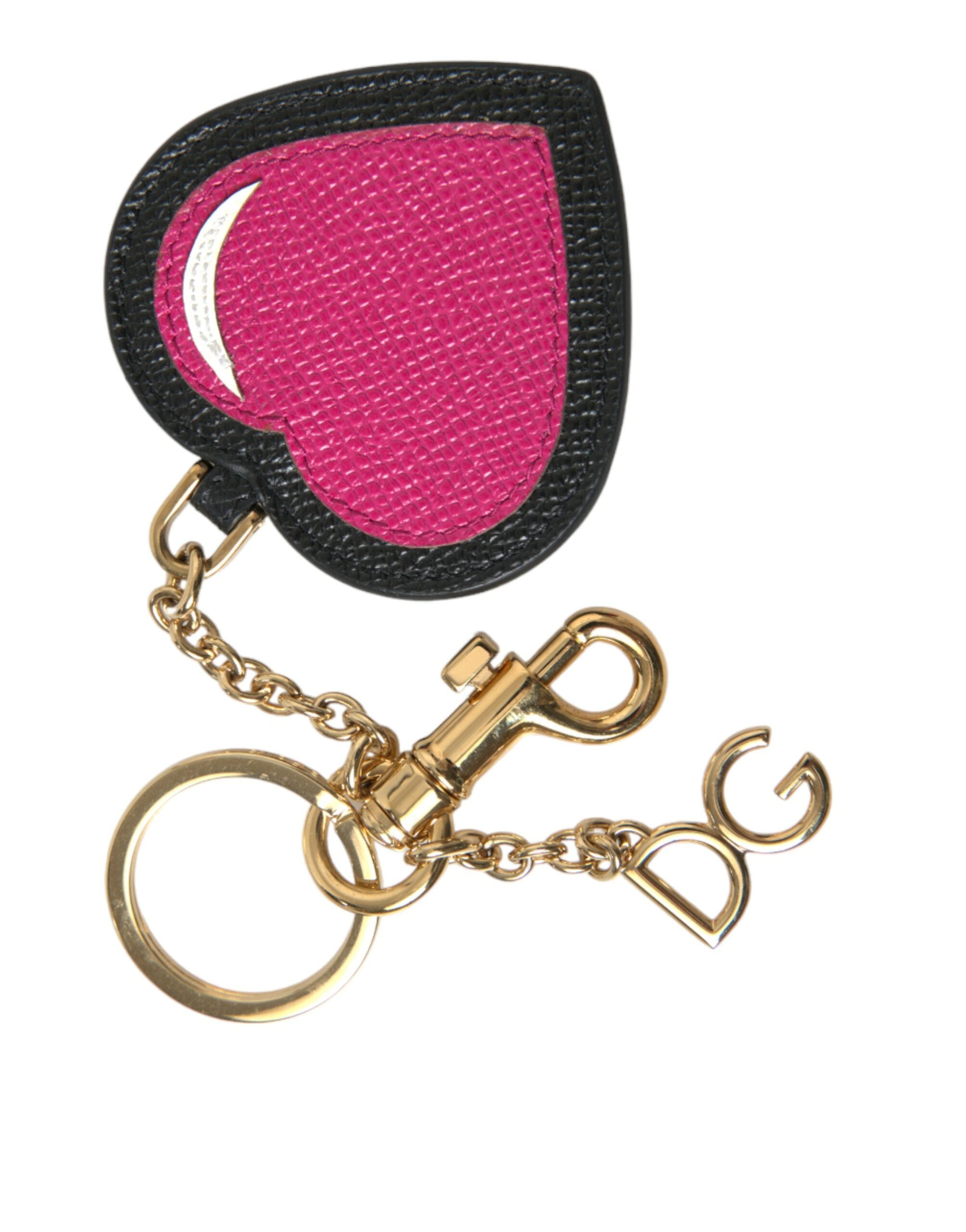 Dolce & Gabbana Pink Black Heart Leather Gold Tone Brass Keyring Keychain - Luxe Nova