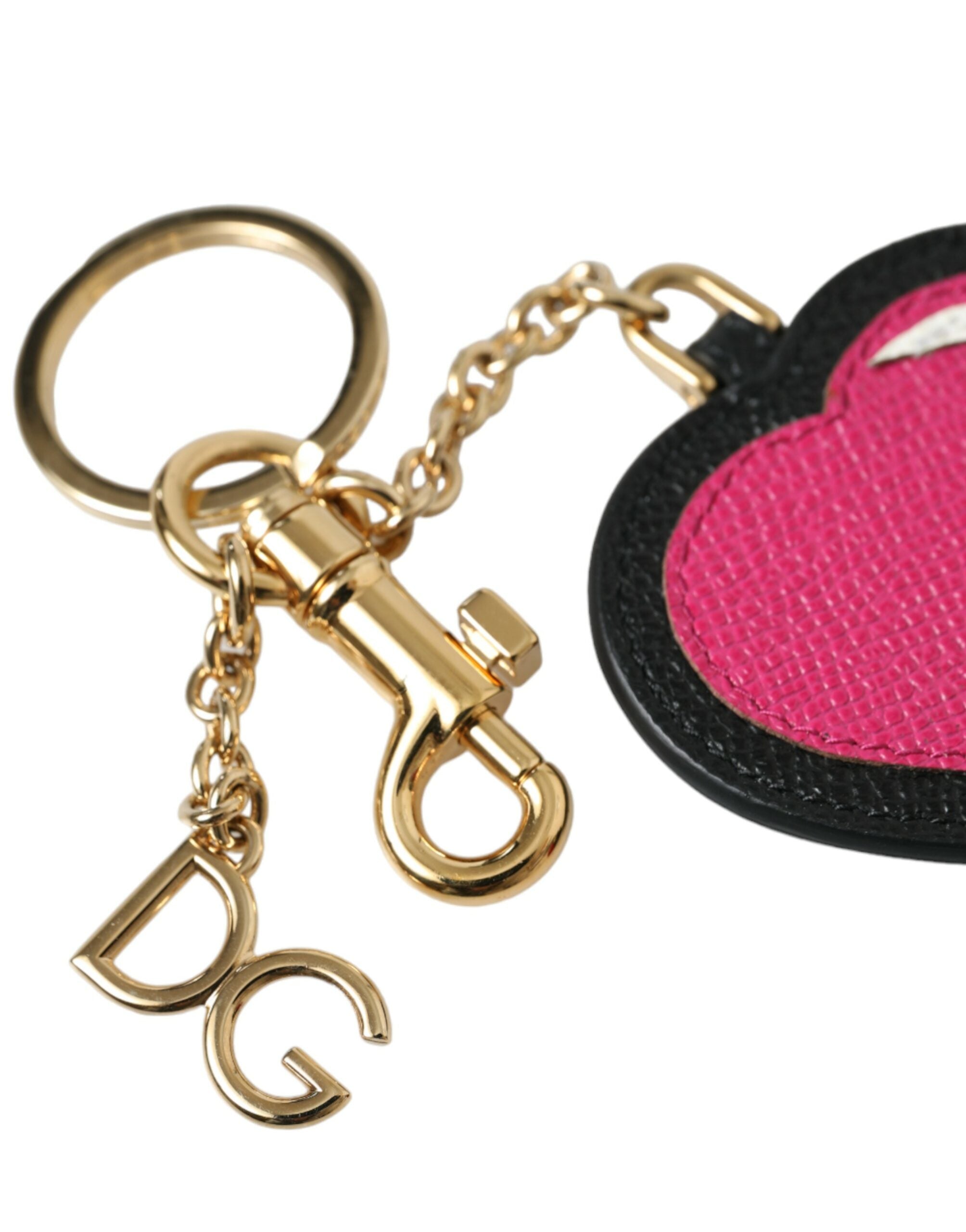 Dolce & Gabbana Pink Black Heart Leather Gold Tone Brass Keyring Keychain - Luxe Nova
