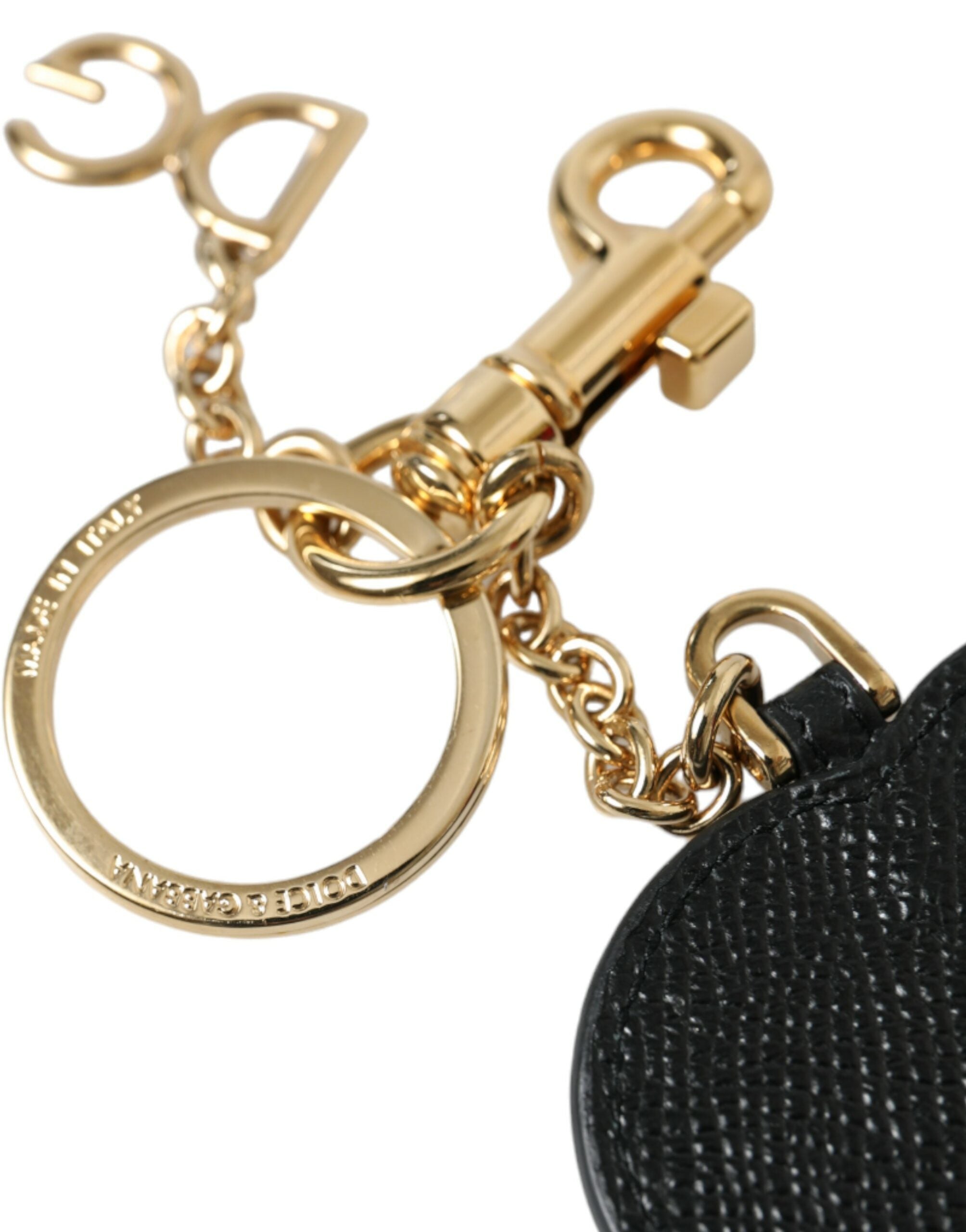 Dolce & Gabbana Pink Black Heart Leather Gold Tone Brass Keyring Keychain - Luxe Nova