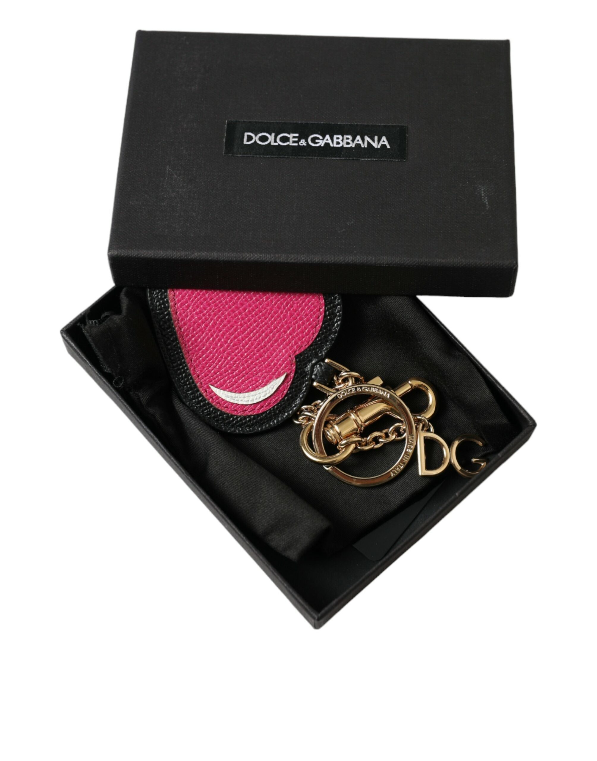 Dolce & Gabbana Pink Black Heart Leather Gold Tone Brass Keyring Keychain - Luxe Nova