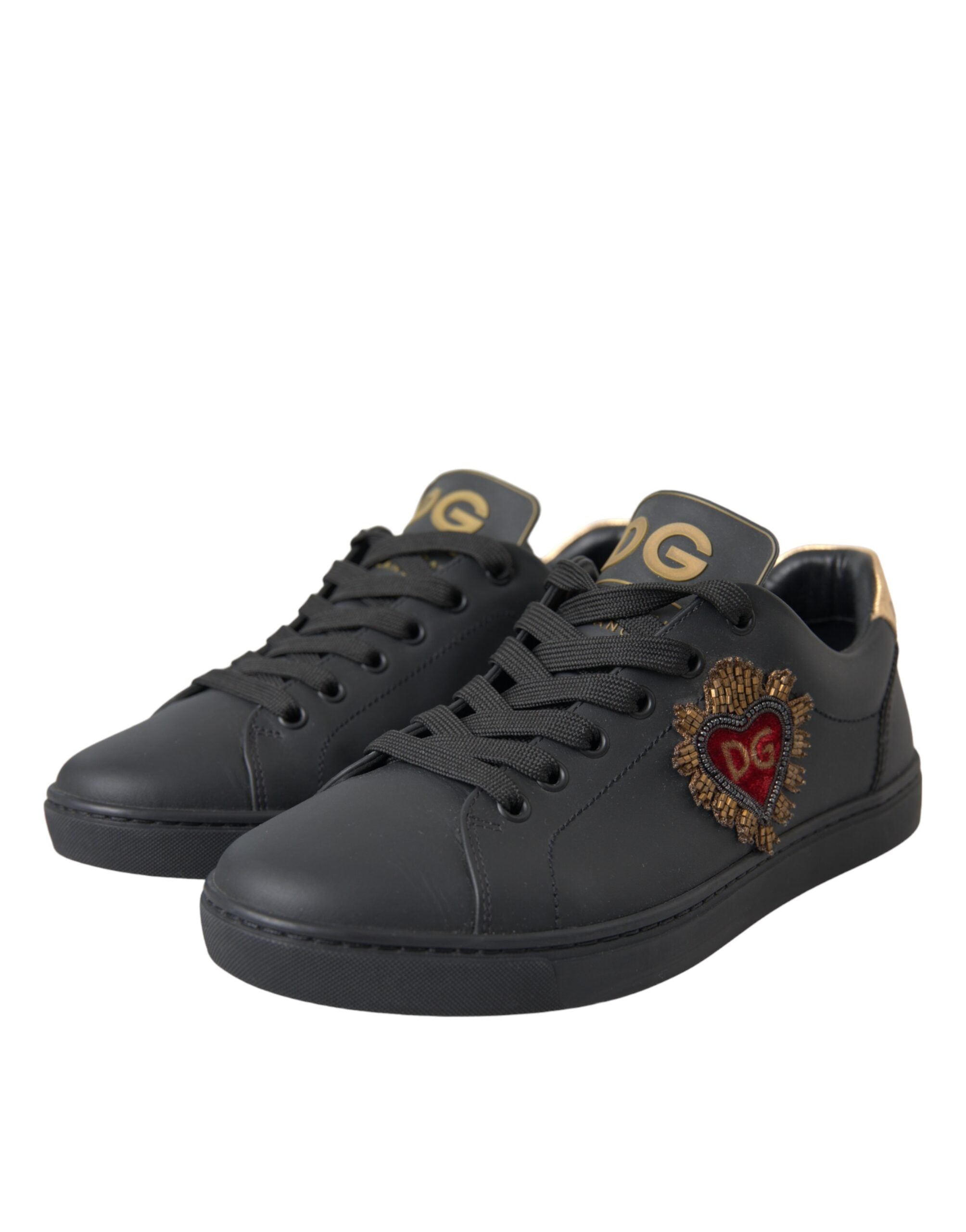 Dolce & Gabbana Black Leather Heart Embellished Sneakers Shoes - Luxe Nova
