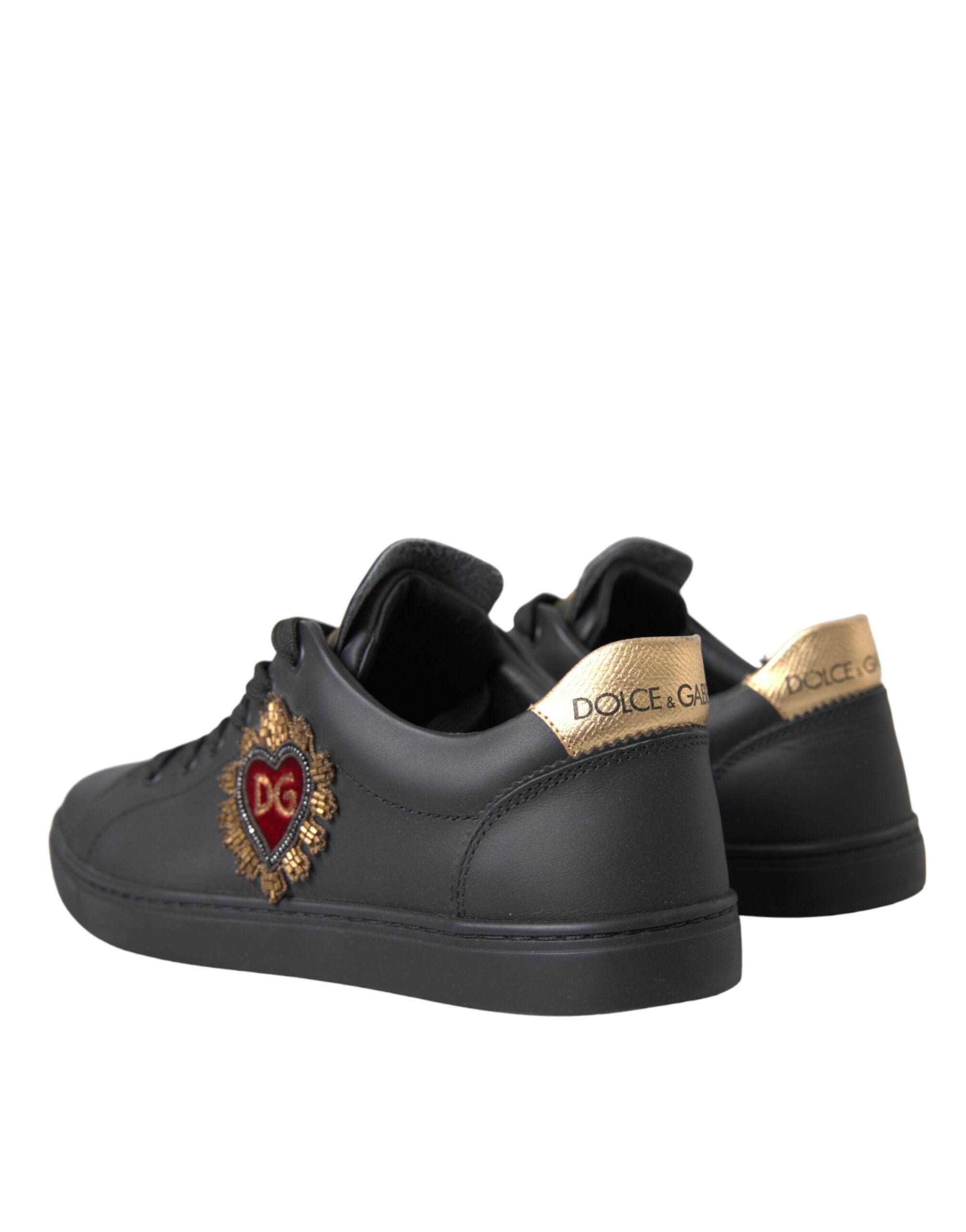 Dolce & Gabbana Black Leather Heart Embellished Sneakers Shoes - Luxe Nova