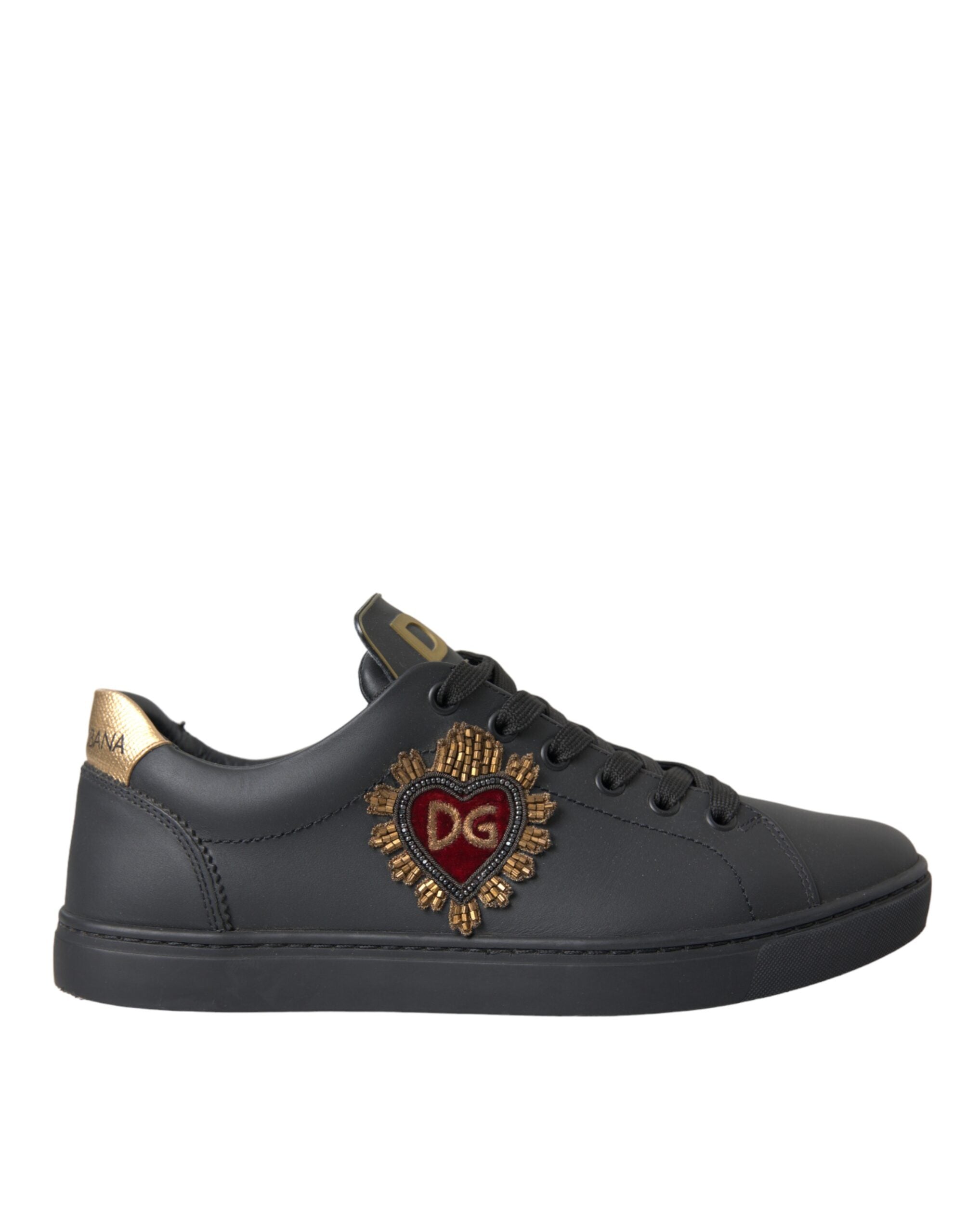 Dolce & Gabbana Black Leather Heart Embellished Sneakers Shoes - Luxe Nova