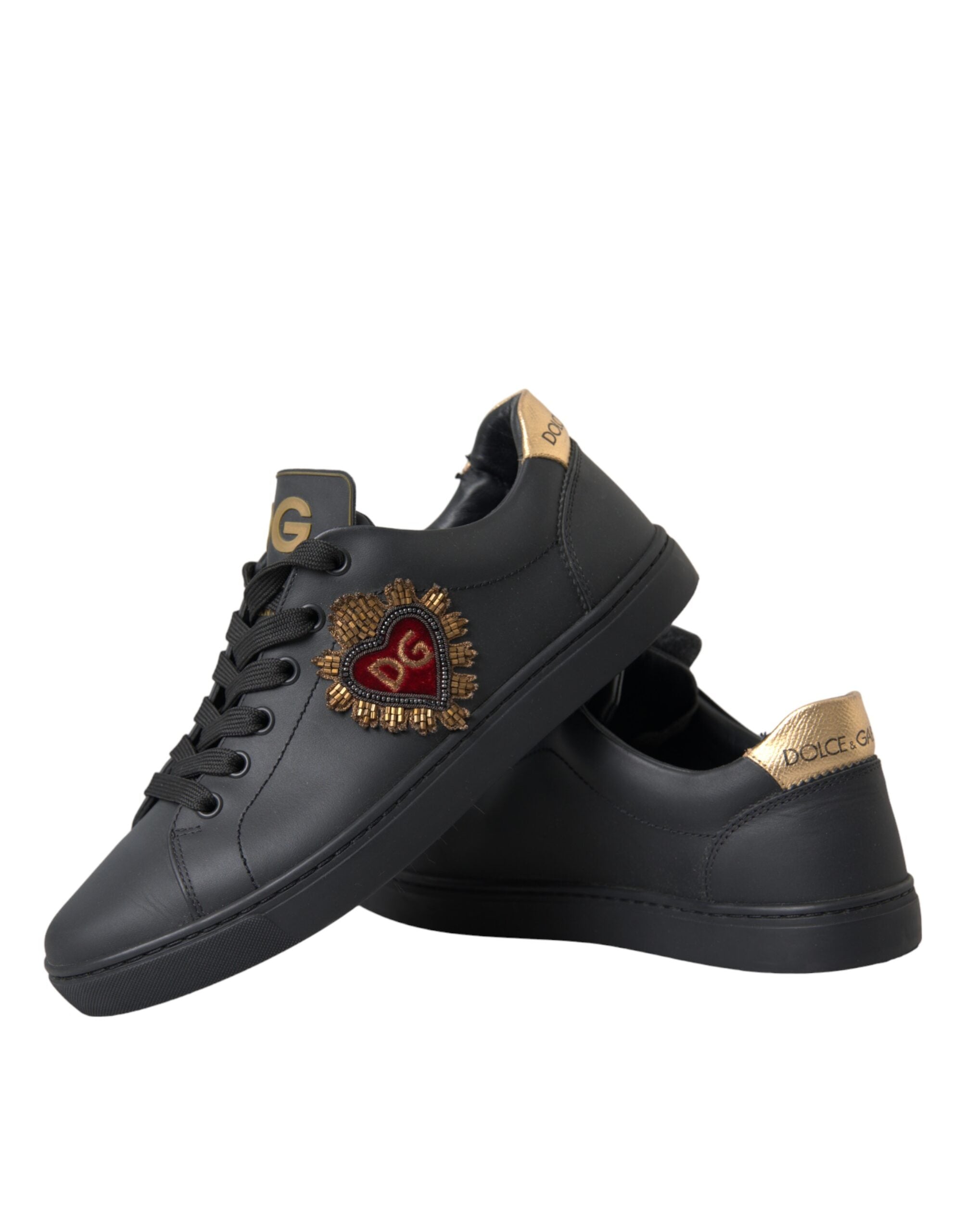 Dolce & Gabbana Black Leather Heart Embellished Sneakers Shoes - Luxe Nova