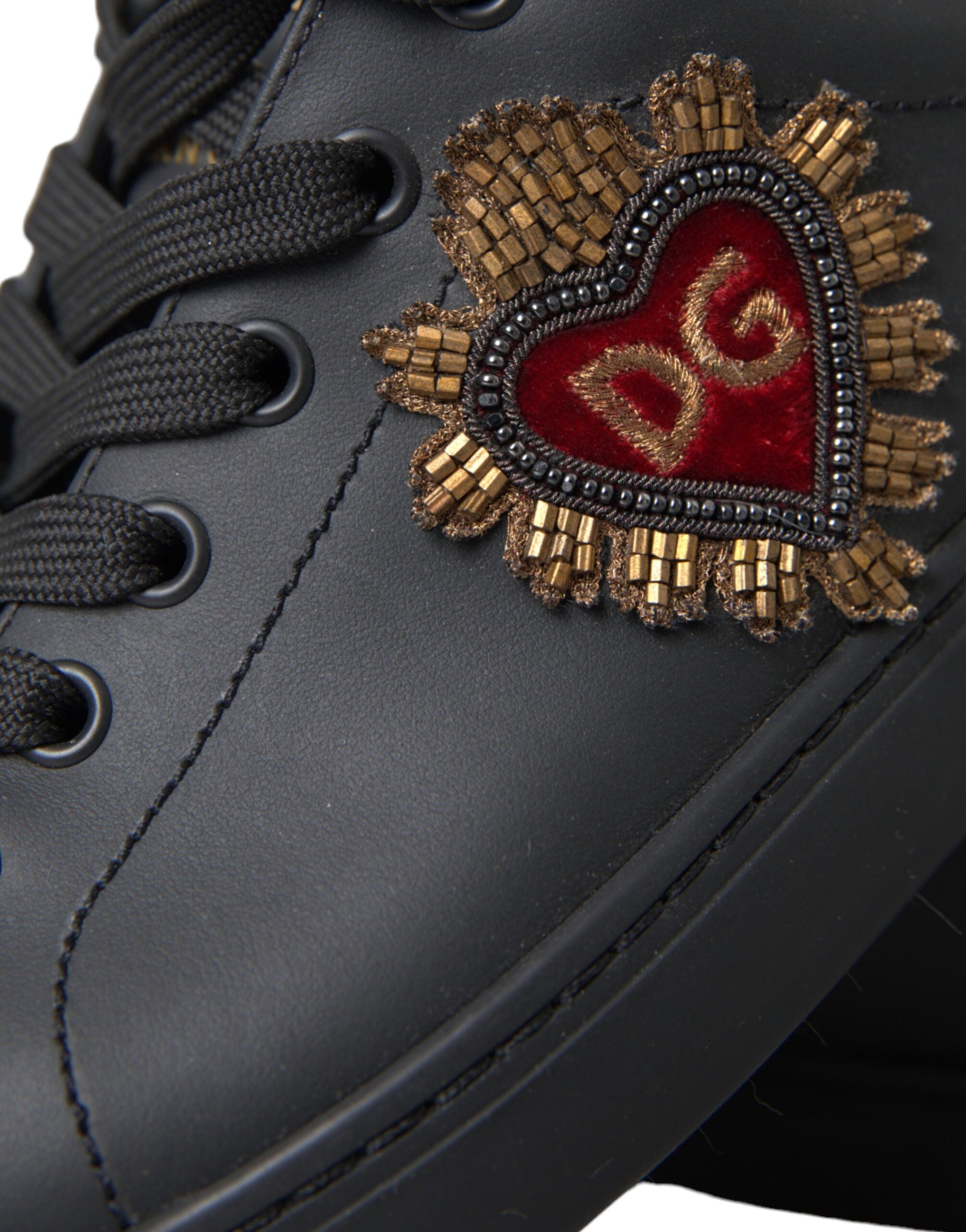 Dolce & Gabbana Black Leather Heart Embellished Sneakers Shoes - Luxe Nova