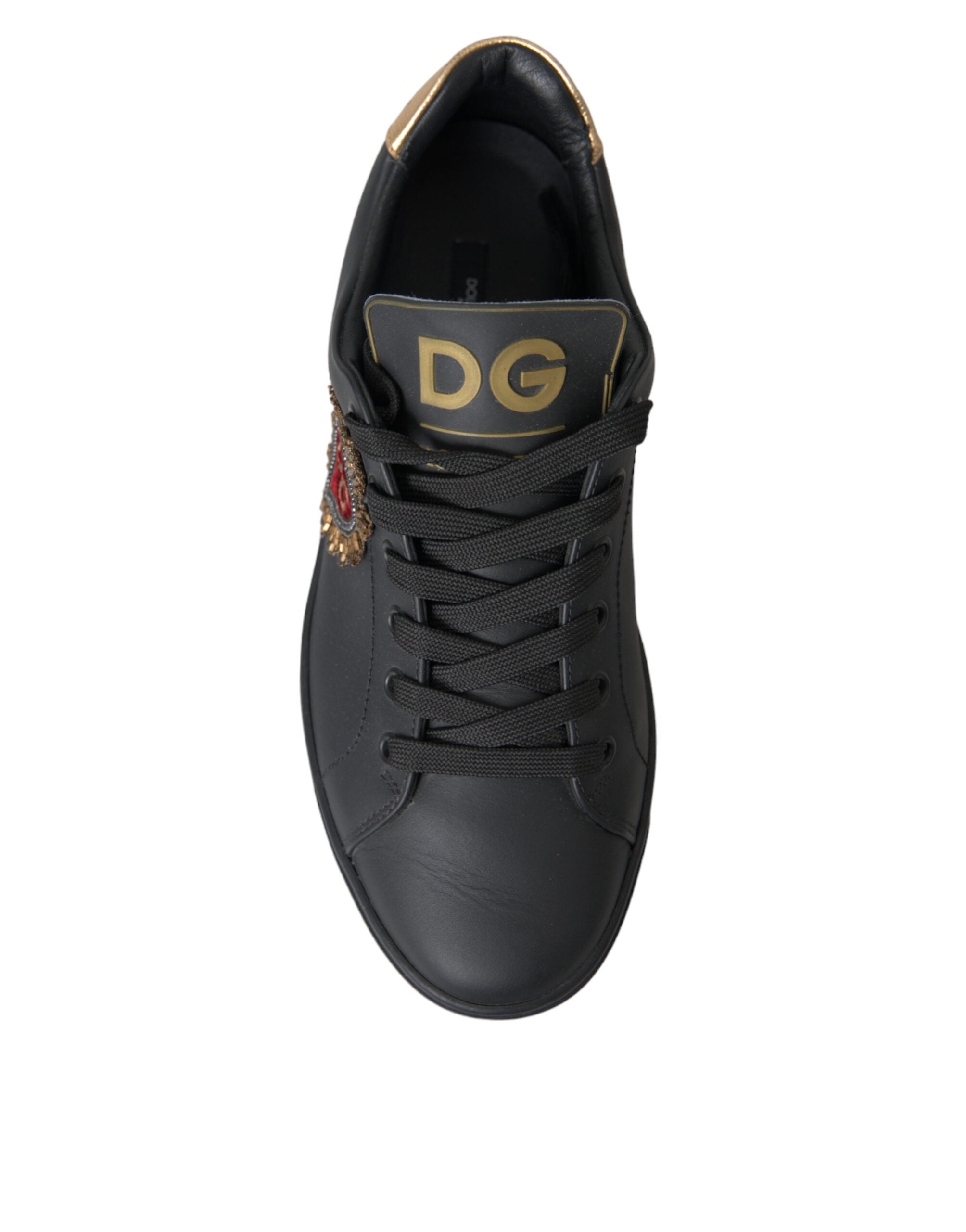 Dolce & Gabbana Black Leather Heart Embellished Sneakers Shoes - Luxe Nova