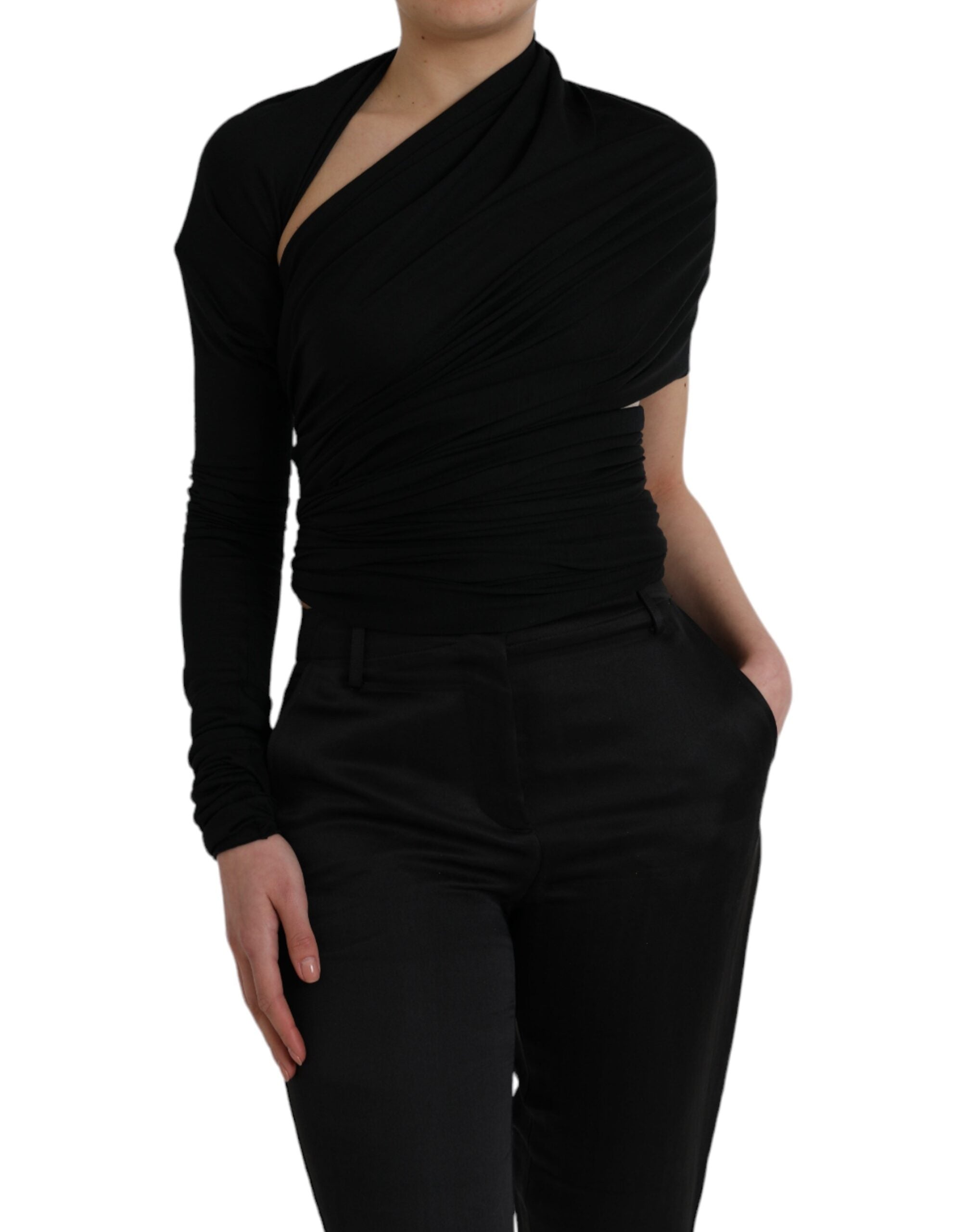Dolce & Gabbana Black Wool Cutout Asymmetric Long Sleeve Top - Luxe Nova