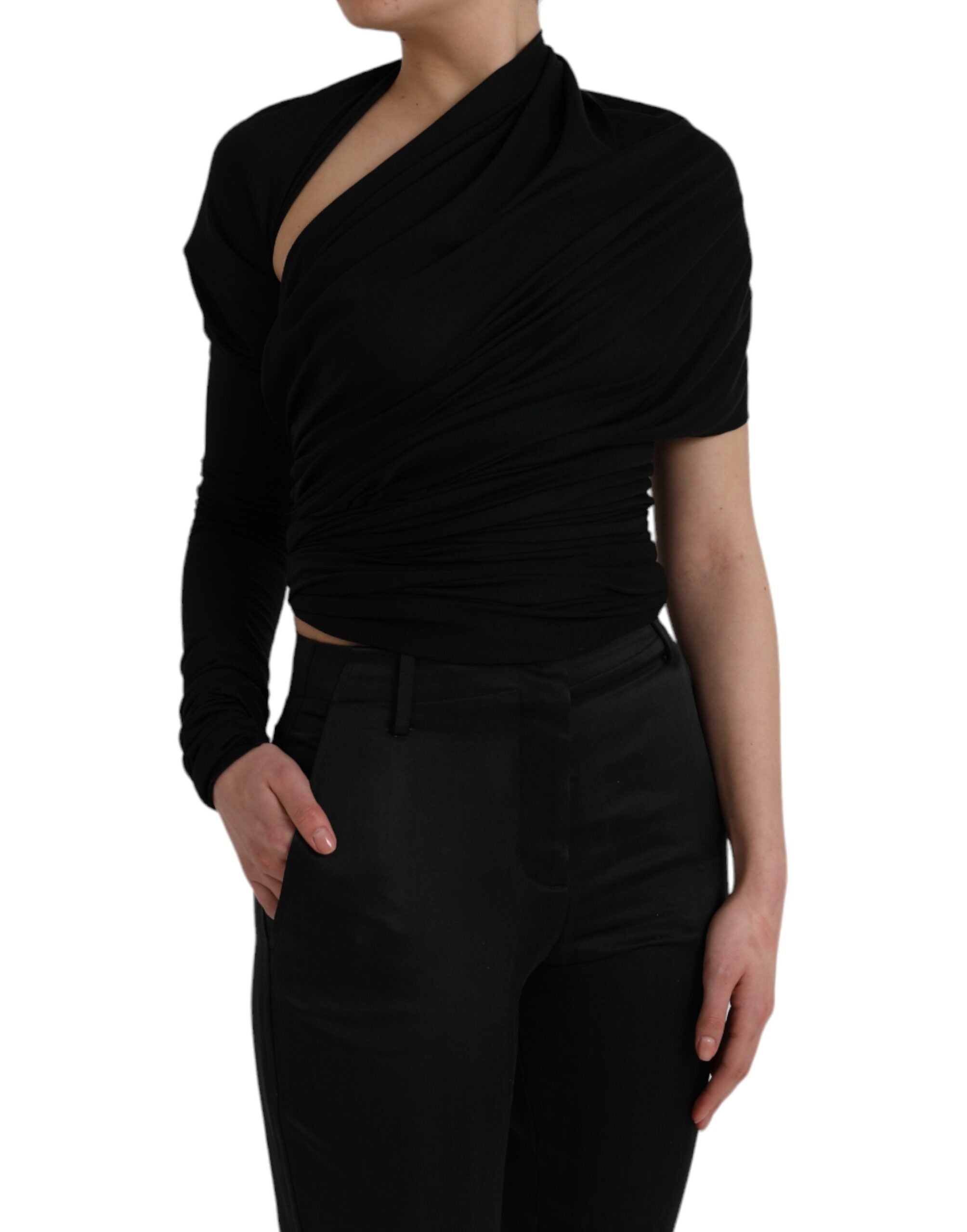 Dolce & Gabbana Black Wool Cutout Asymmetric Long Sleeve Top - Luxe Nova