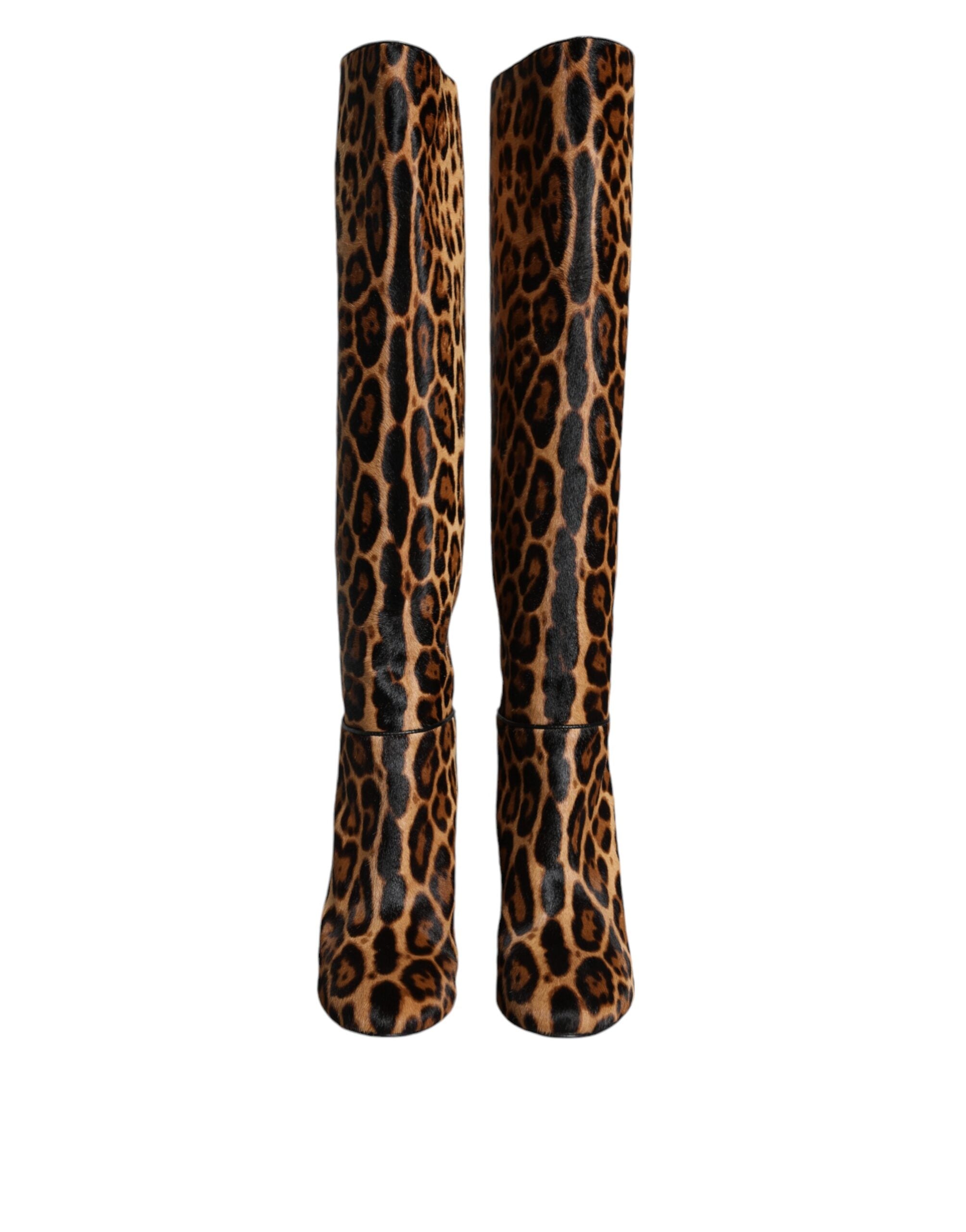 Dolce & Gabbana Beige Black Leopard Knee High Boots Shoes - Luxe Nova