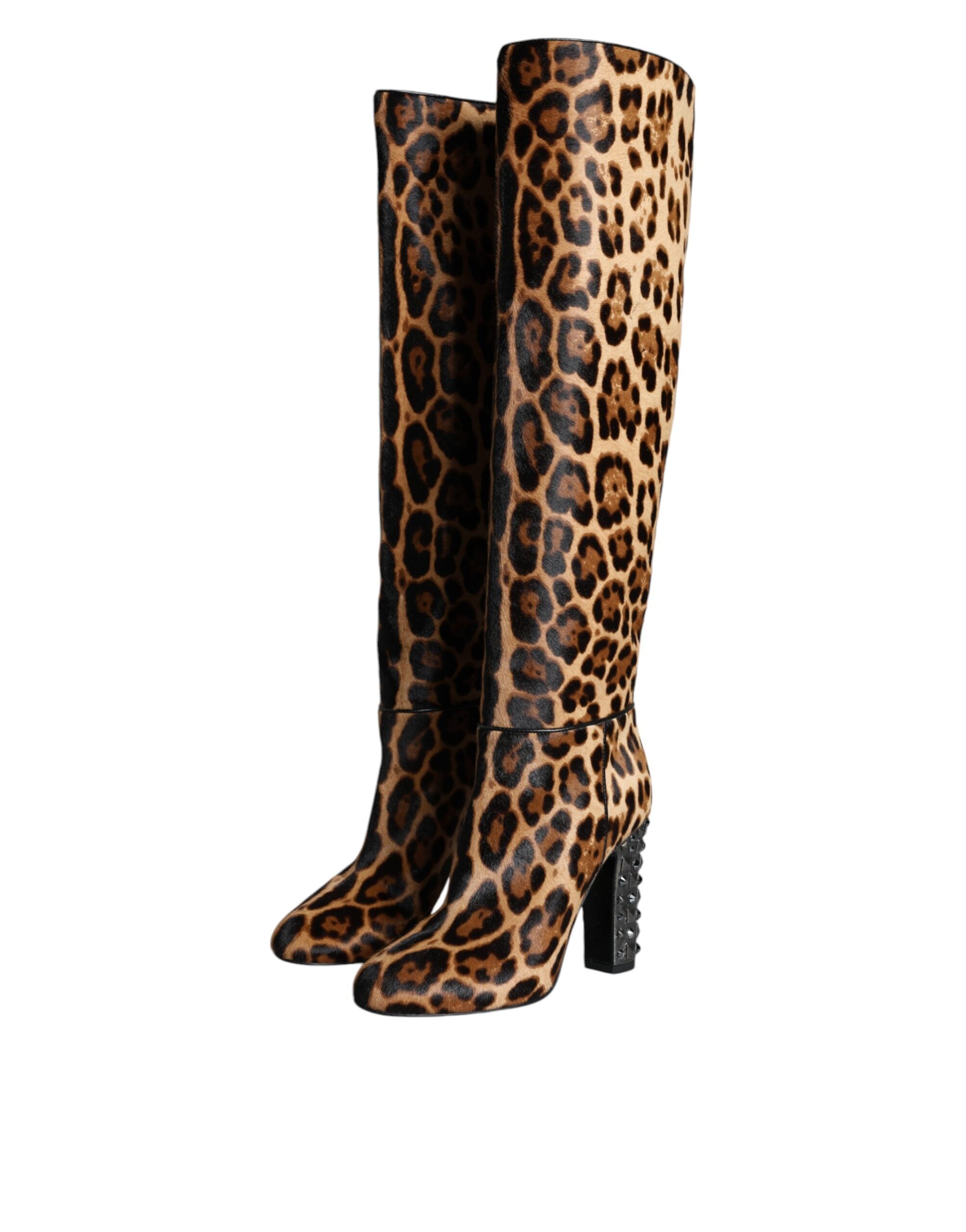 Dolce & Gabbana Beige Black Leopard Knee High Boots Shoes - Luxe Nova