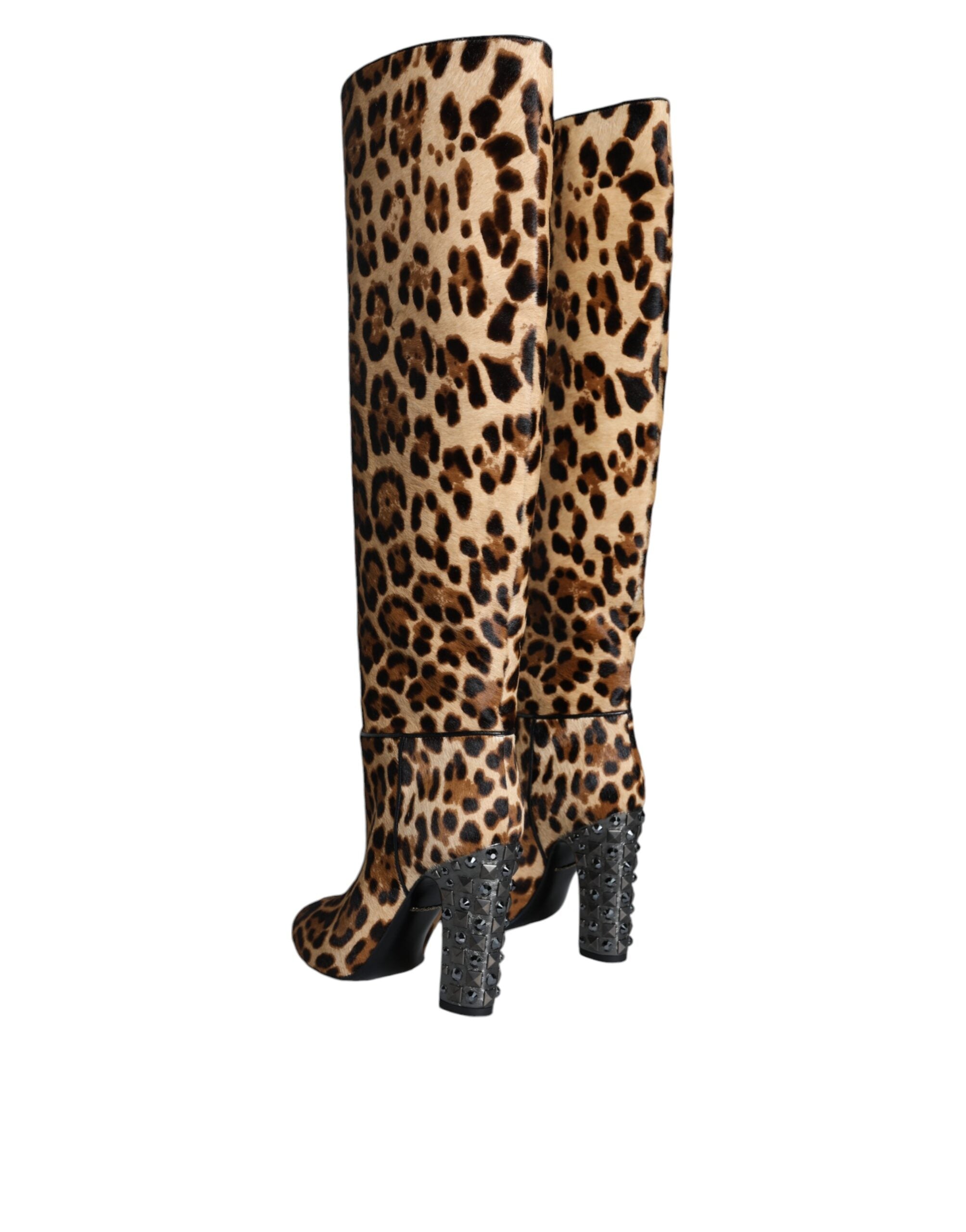 Dolce & Gabbana Beige Black Leopard Knee High Boots Shoes - Luxe Nova
