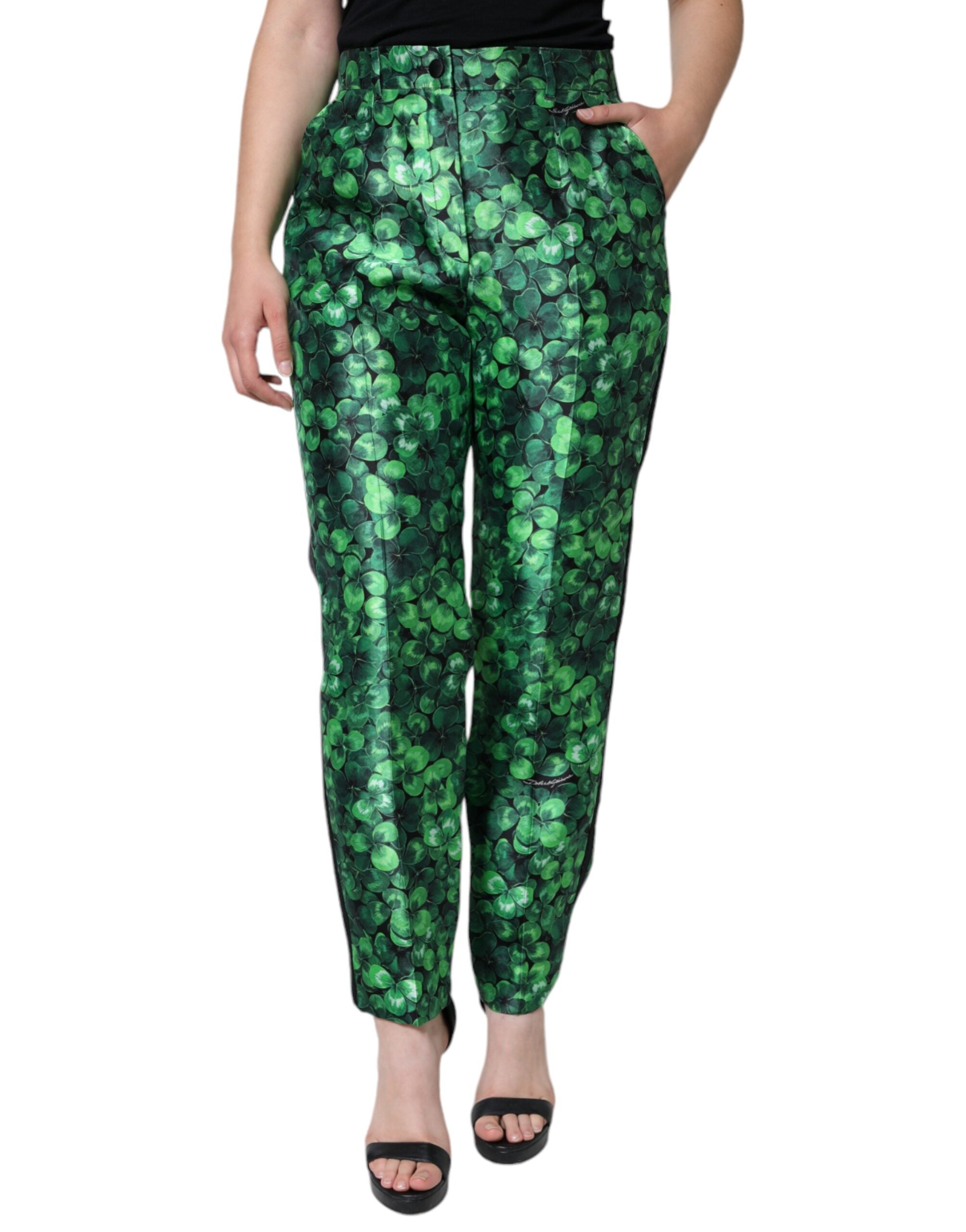 Dolce & Gabbana Green Clover Silk Satin High Waist Tapered Pants - Luxe Nova