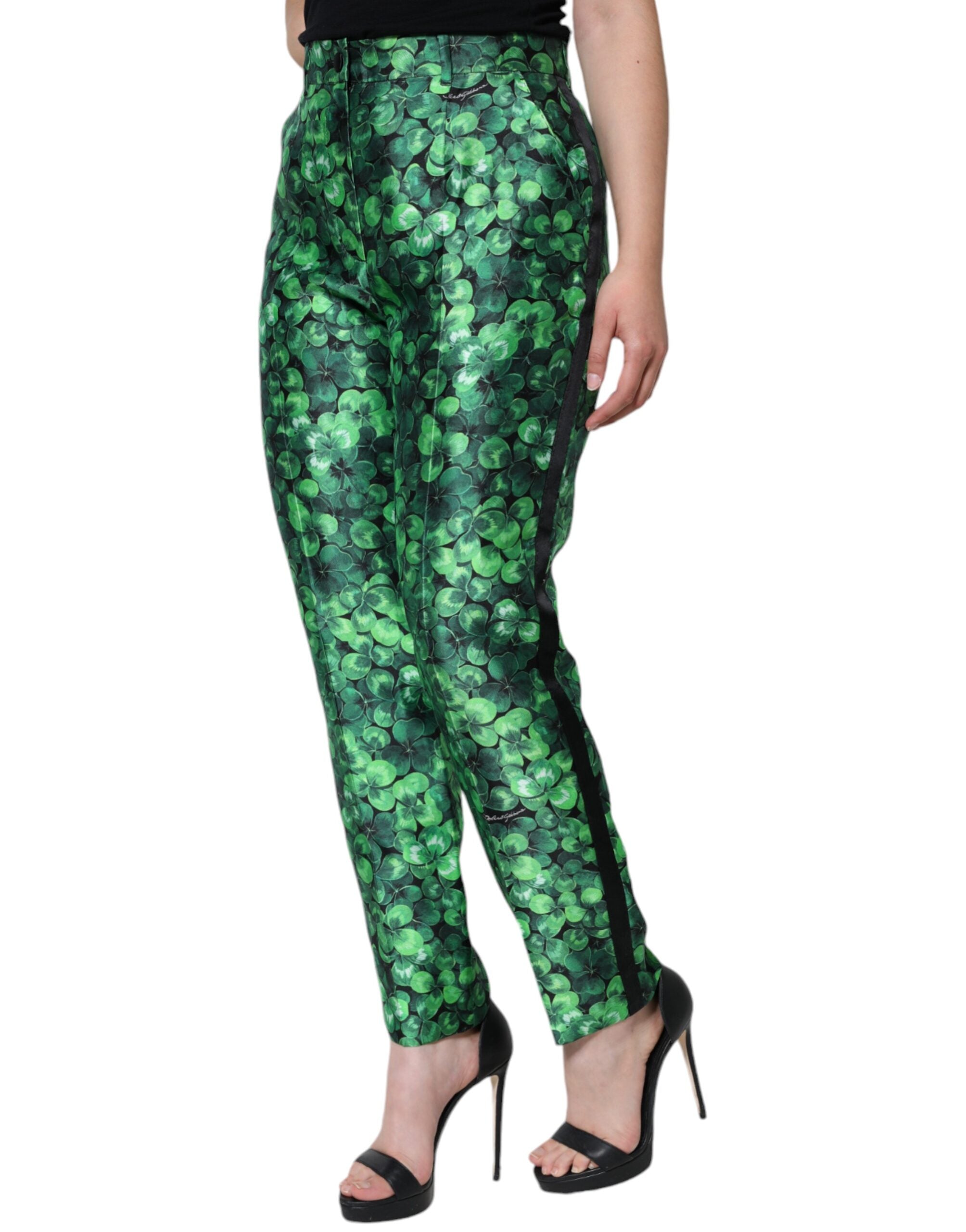 Dolce & Gabbana Green Clover Silk Satin High Waist Tapered Pants - Luxe Nova