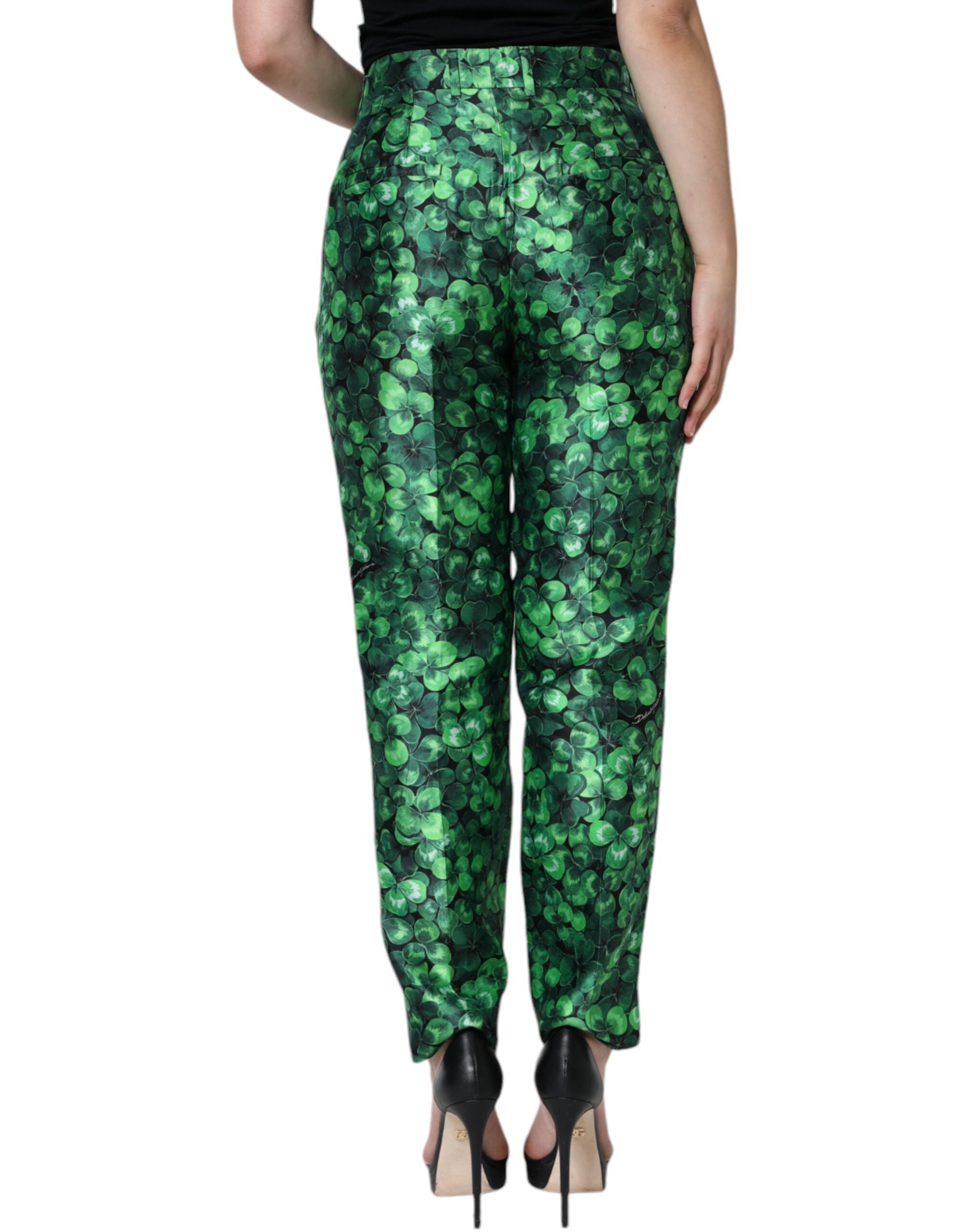 Dolce & Gabbana Green Clover Silk Satin High Waist Tapered Pants - Luxe Nova