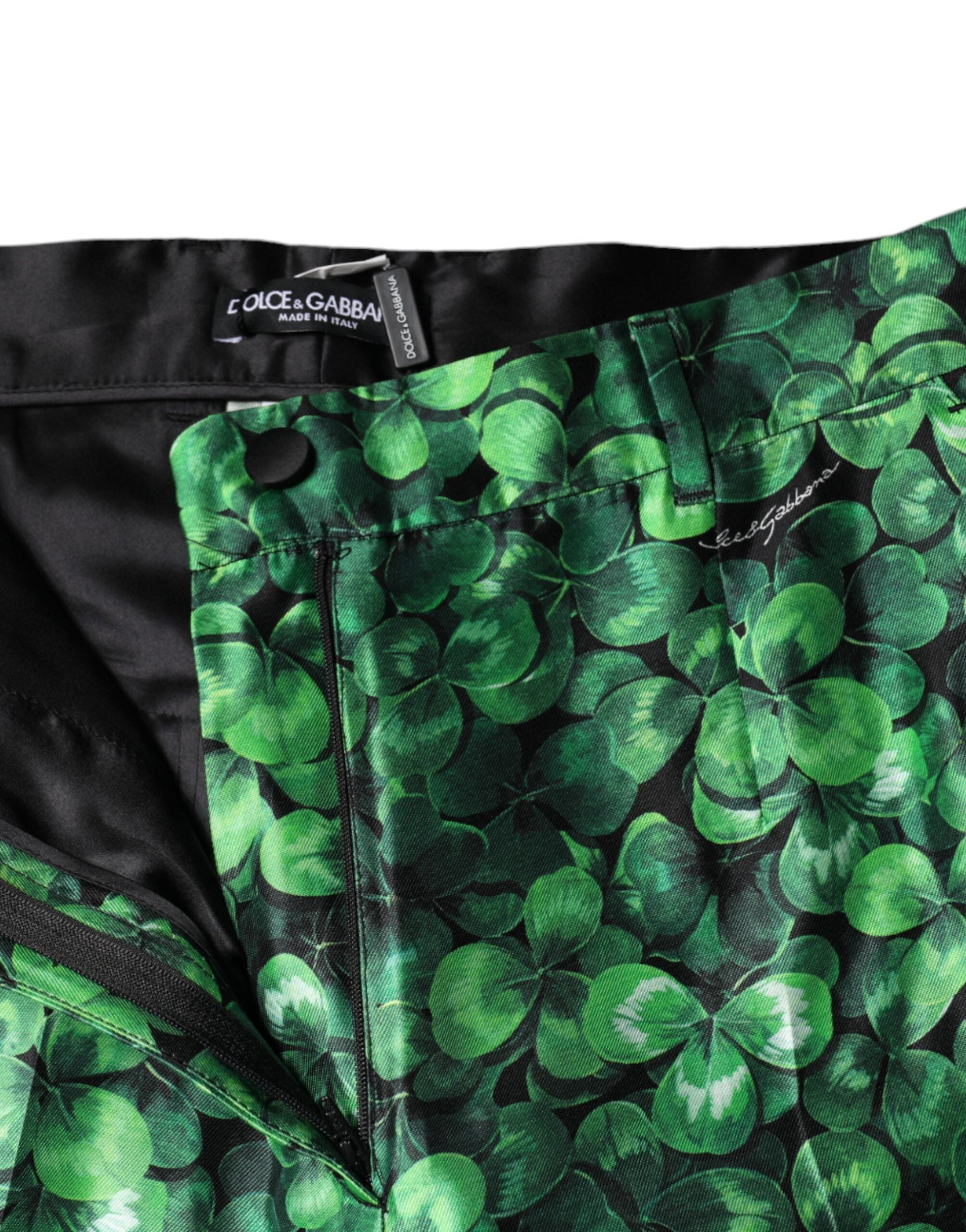 Dolce & Gabbana Green Clover Silk Satin High Waist Tapered Pants - Luxe Nova