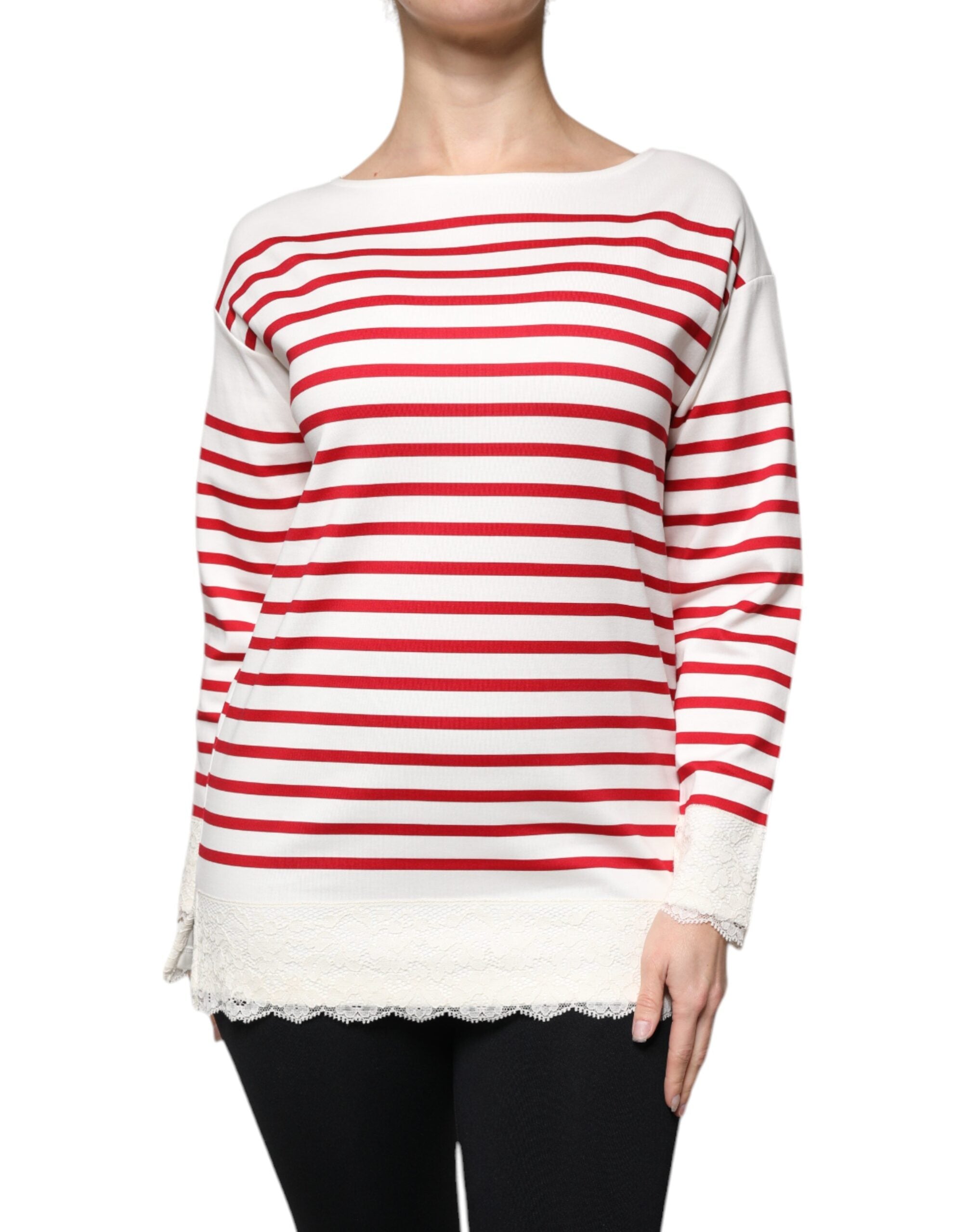 Dolce & Gabbana White Red Stripes Cotton Long Sleeves Top - Luxe Nova