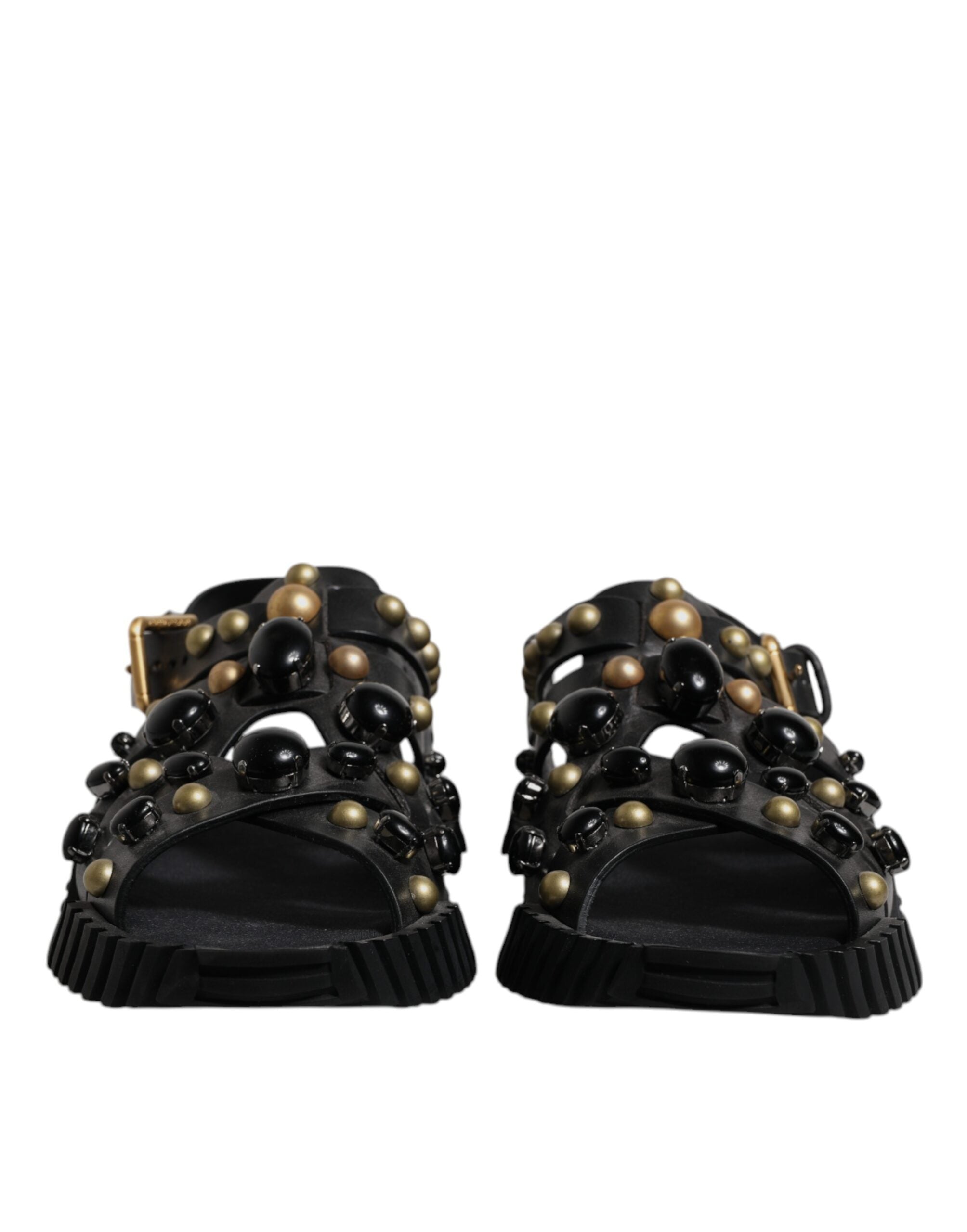 Dolce & Gabbana Black Leather Studded Slides Sandals Shoes - Luxe Nova