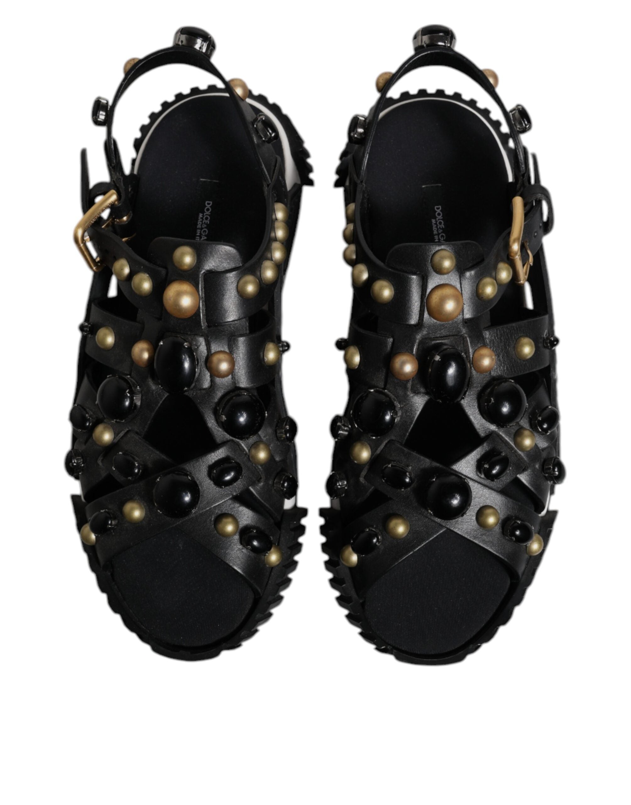 Dolce & Gabbana Black Leather Studded Slides Sandals Shoes - Luxe Nova