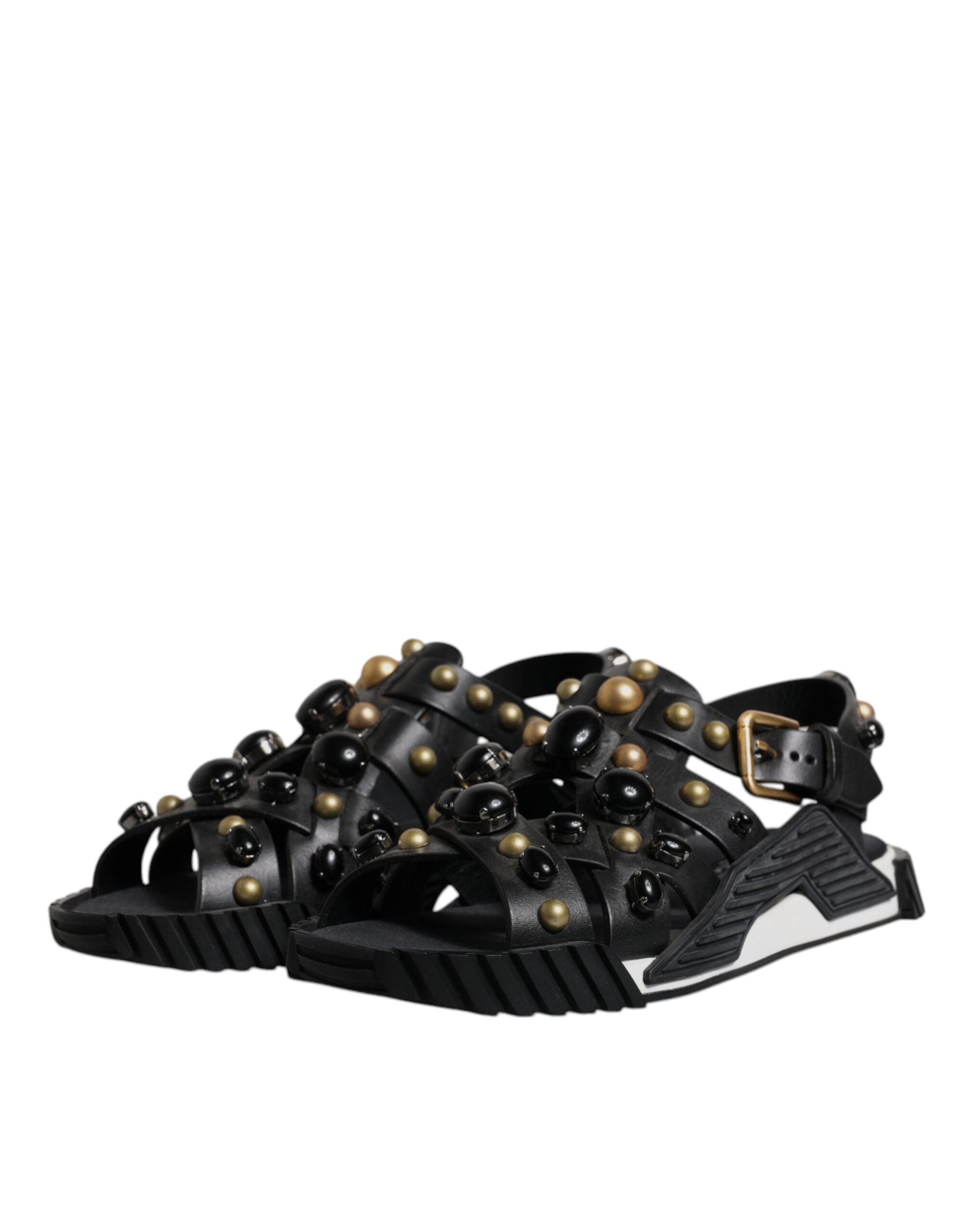 Dolce & Gabbana Black Leather Studded Slides Sandals Shoes - Luxe Nova