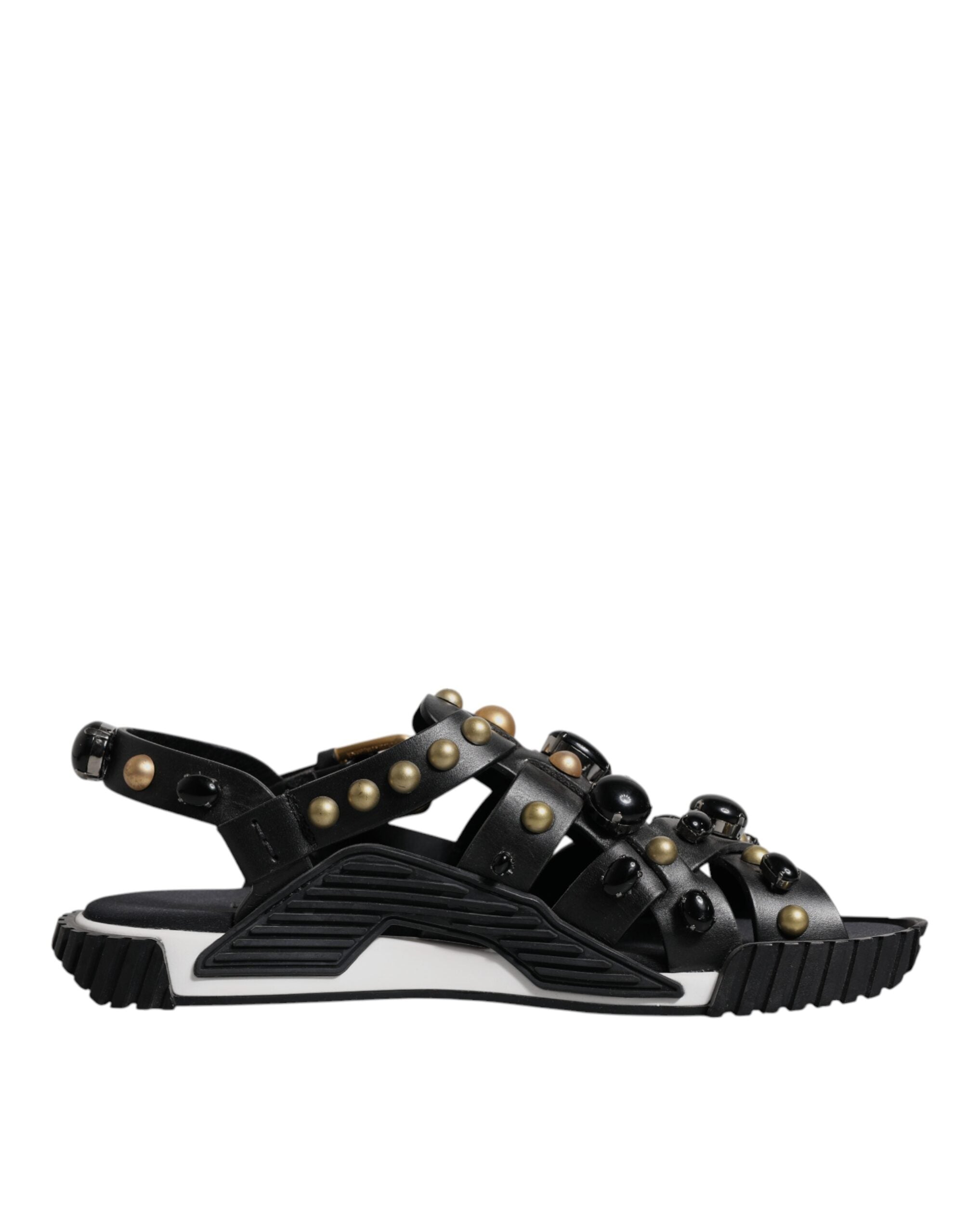 Dolce & Gabbana Black Leather Studded Slides Sandals Shoes - Luxe Nova