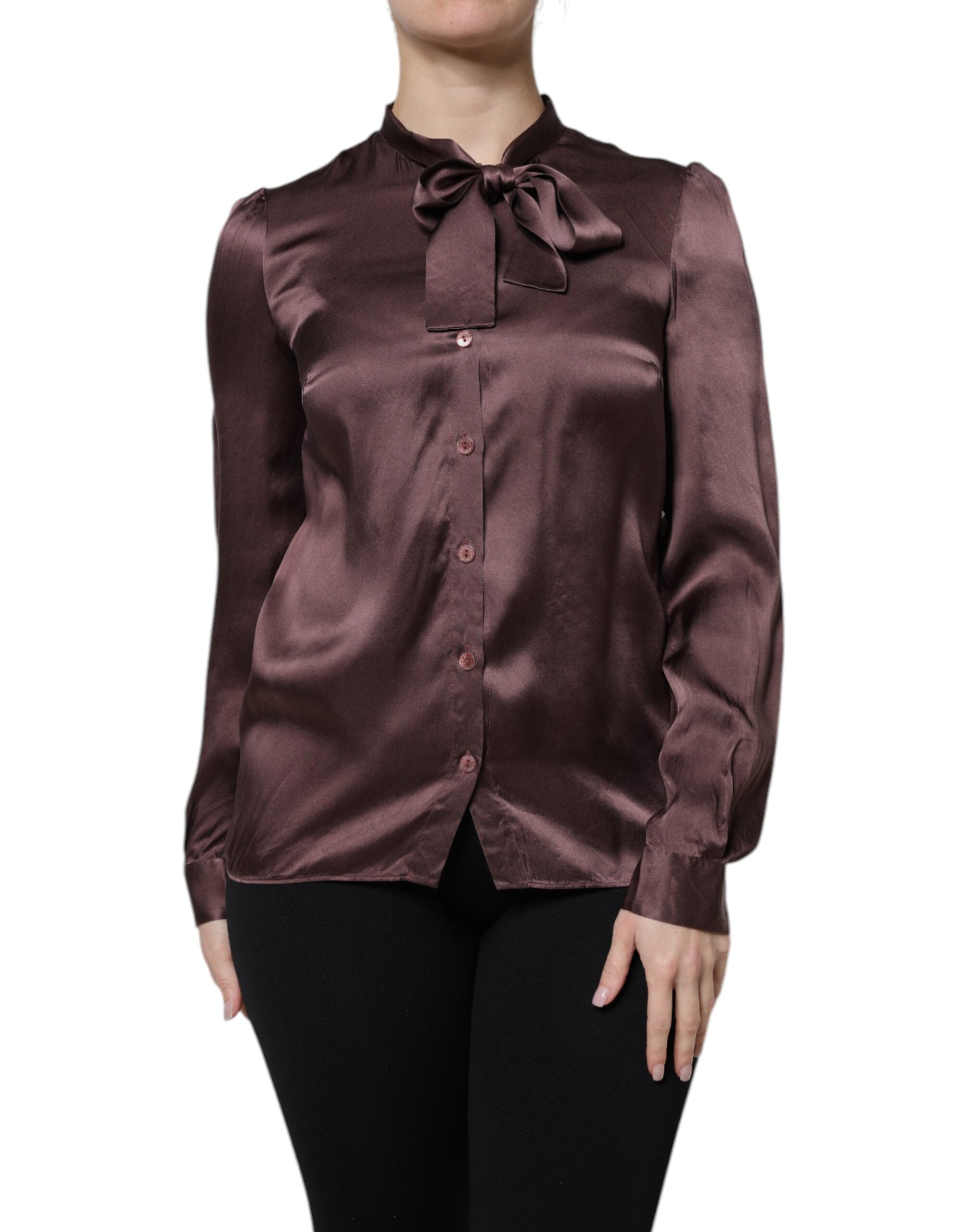 Dolce & Gabbana Brown Ascot Collar Long Sleeve Blouse Top - Luxe Nova