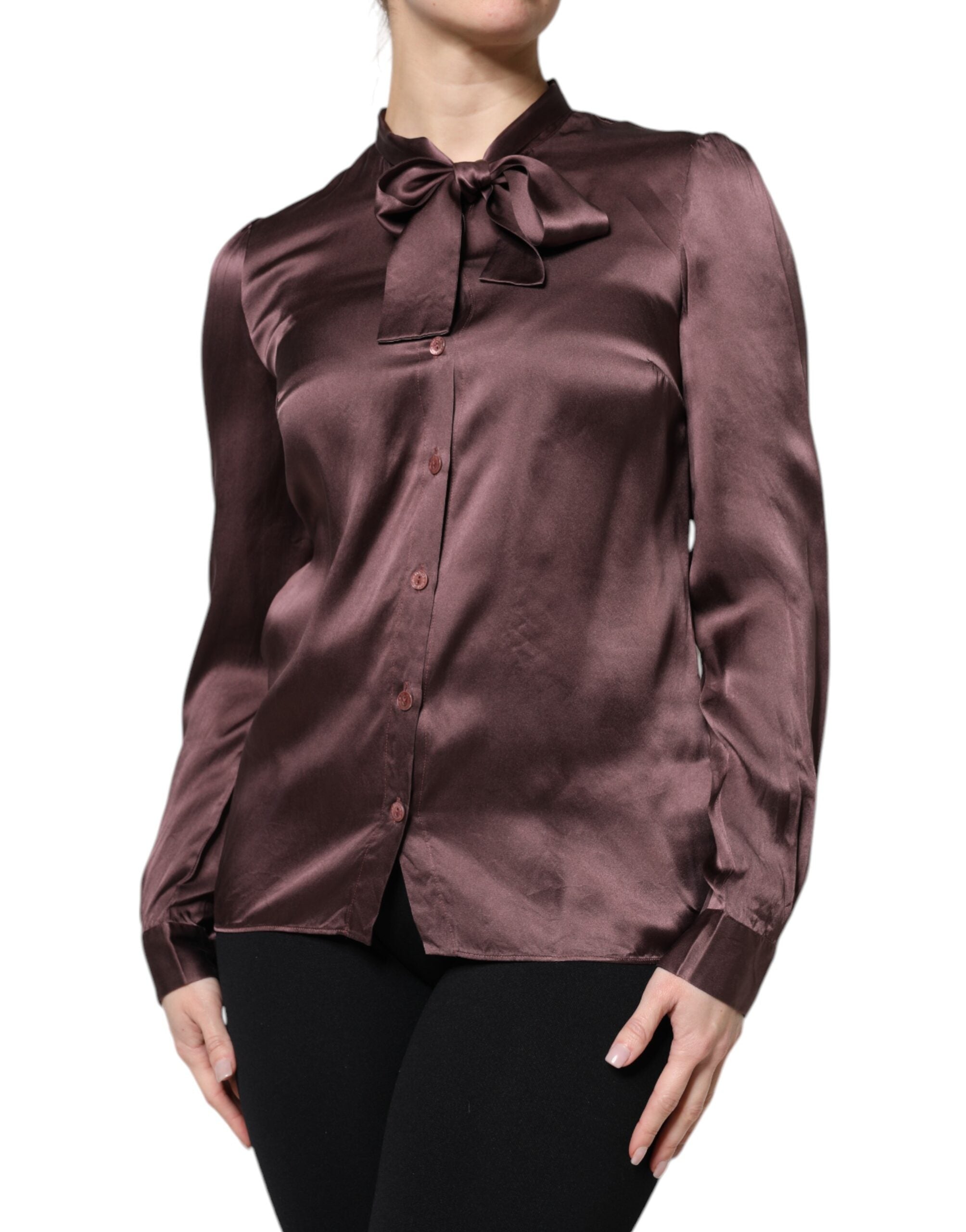 Dolce & Gabbana Brown Ascot Collar Long Sleeve Blouse Top - Luxe Nova