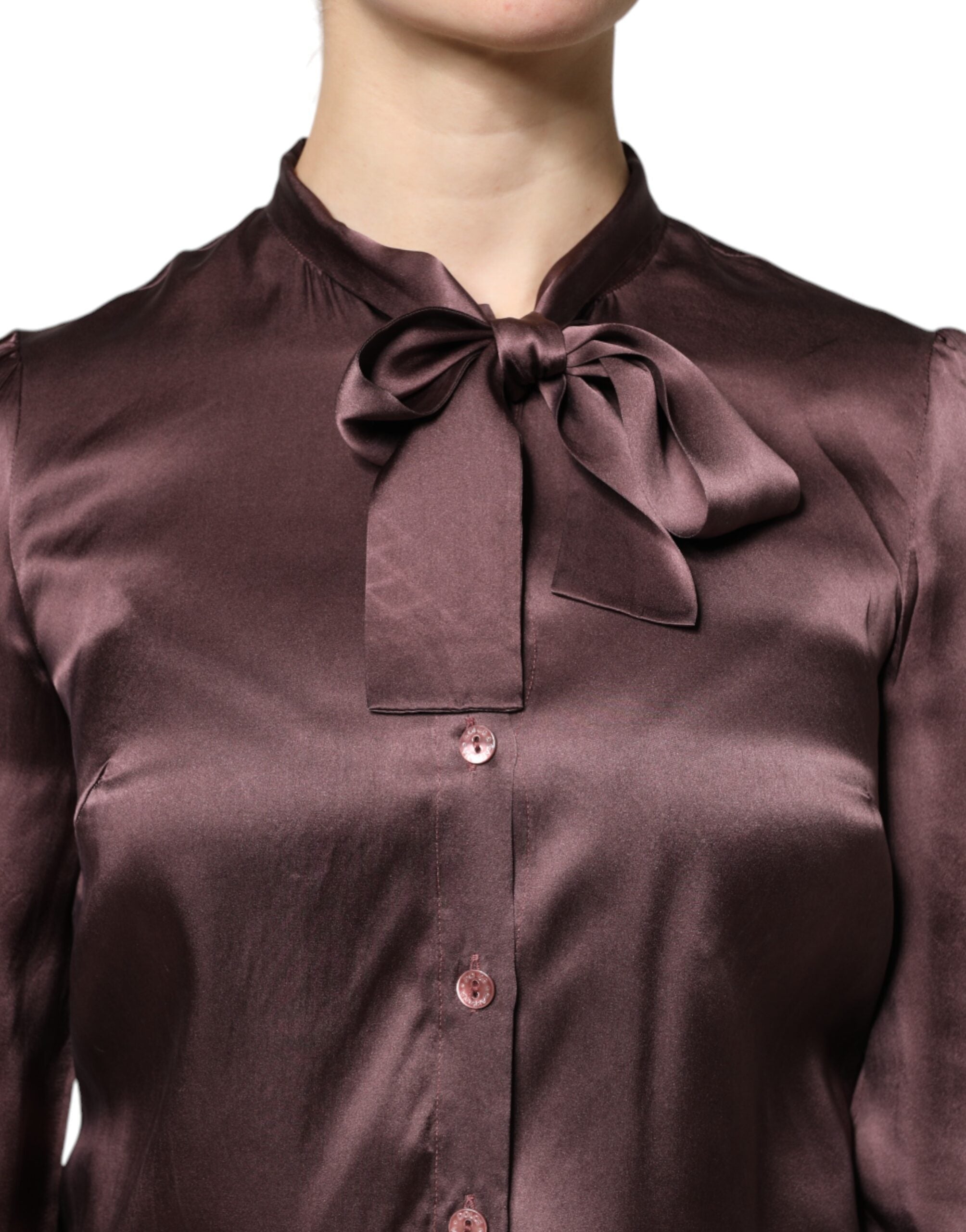 Dolce & Gabbana Brown Ascot Collar Long Sleeve Blouse Top - Luxe Nova