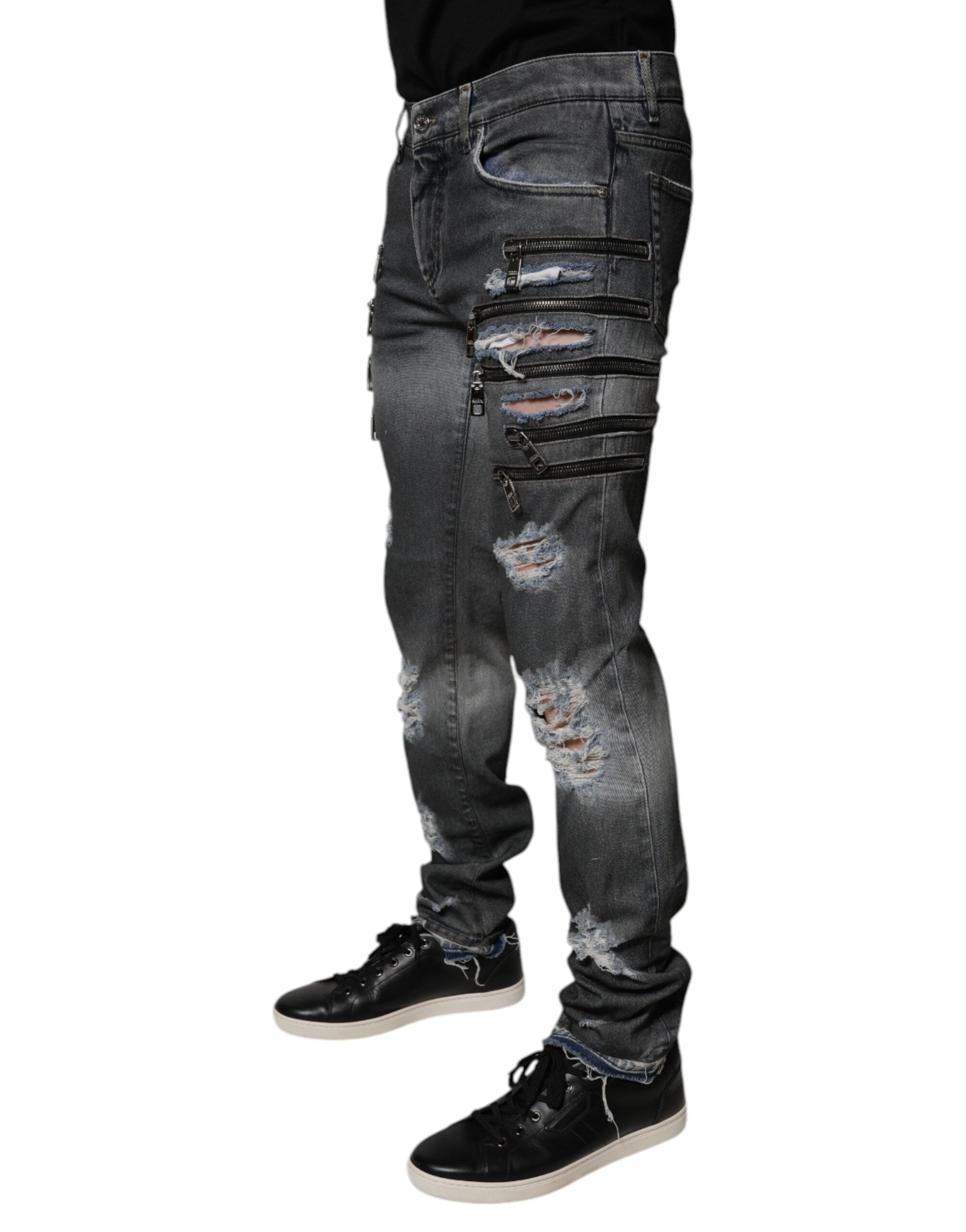 Dolce & Gabbana Dark Gray Tattered Cotton Skinny Denim Jeans
