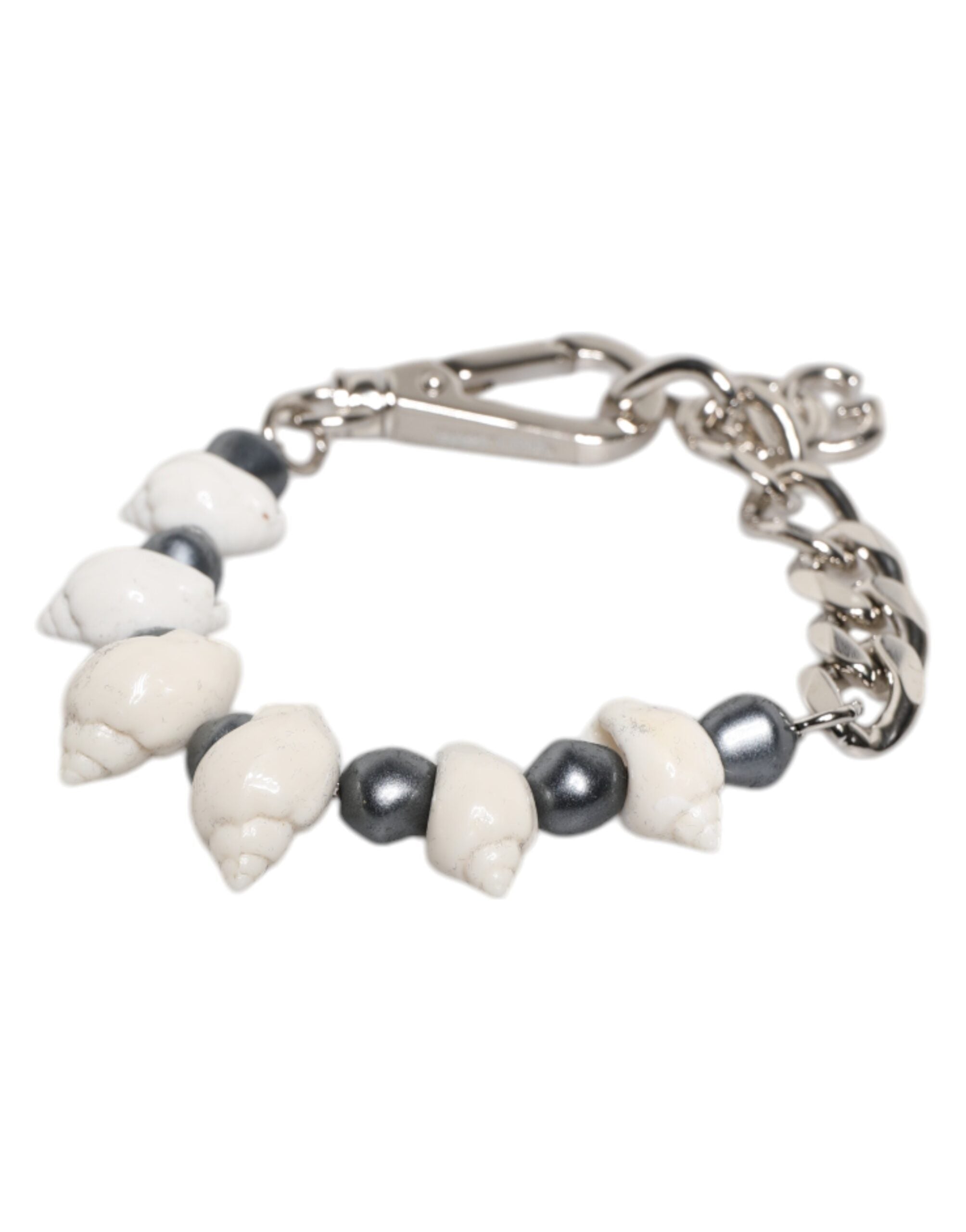 Dolce & Gabbana Silver Tone Brass Beaded Shell DG Logo Pendant Bracelet