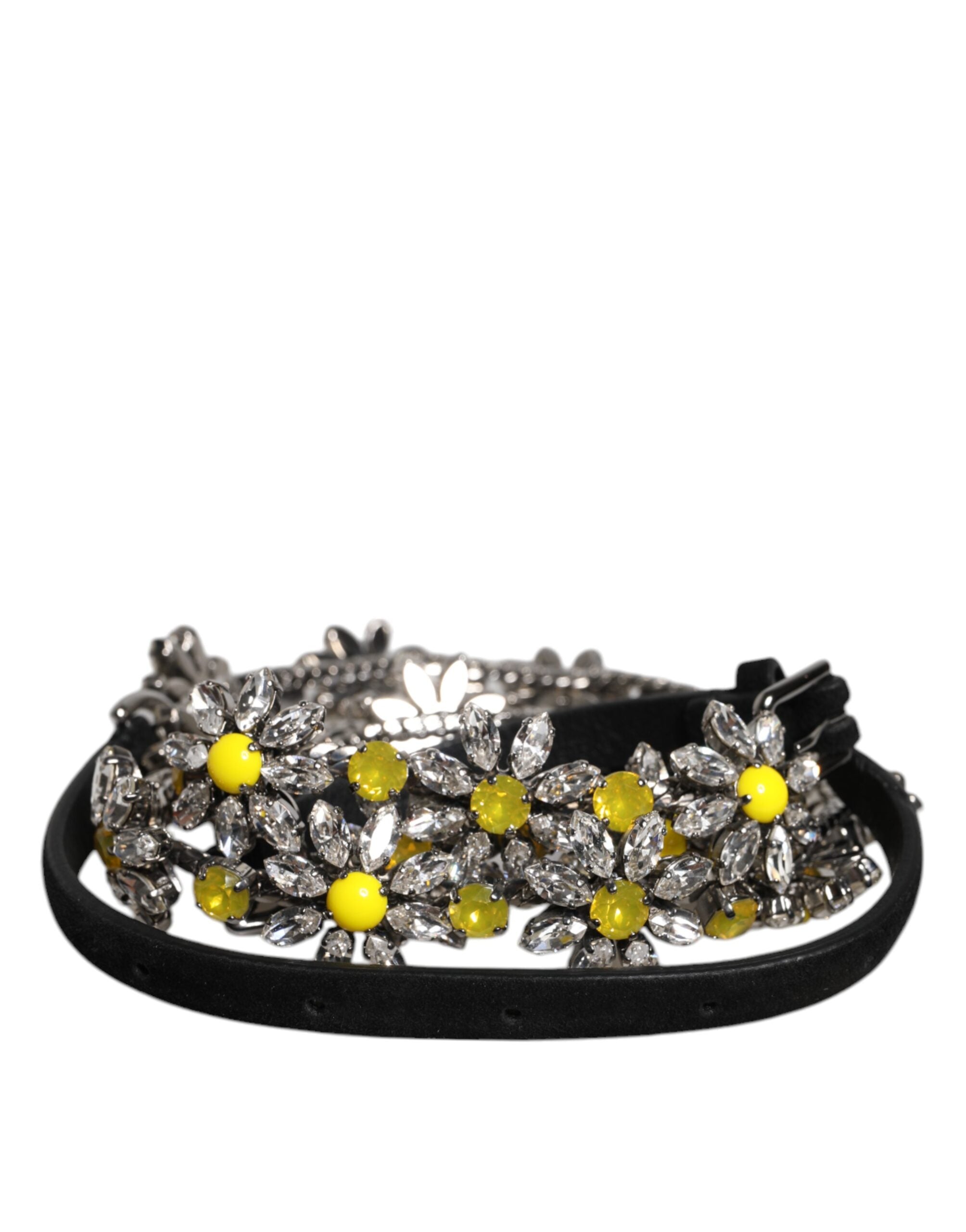 Dolce & Gabbana Black Leather Daisy Crystal Embellish Waist Belt - Luxe Nova